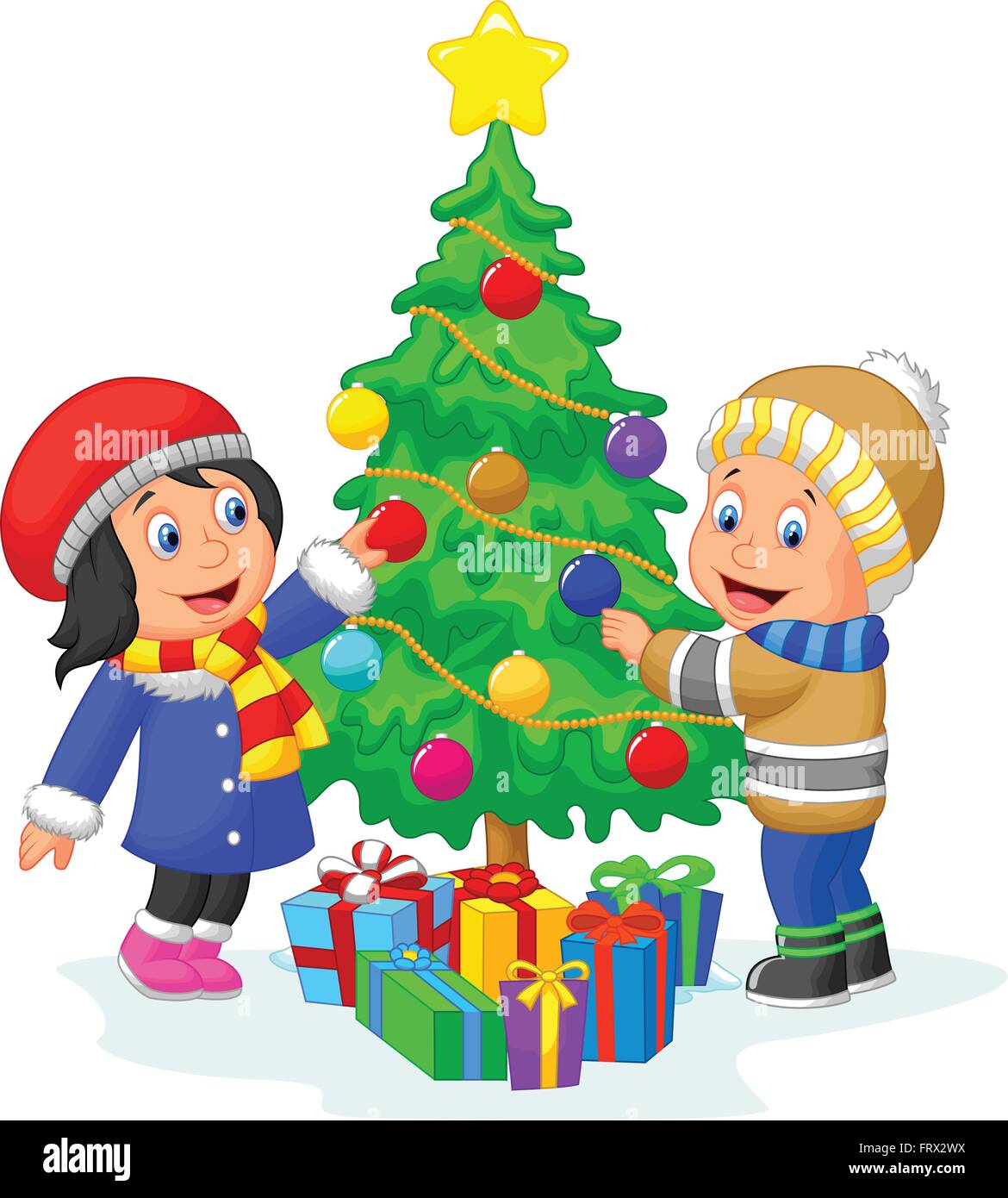 Niños felices, Decorar un árbol de Navidad con bolas Imagen Vector de