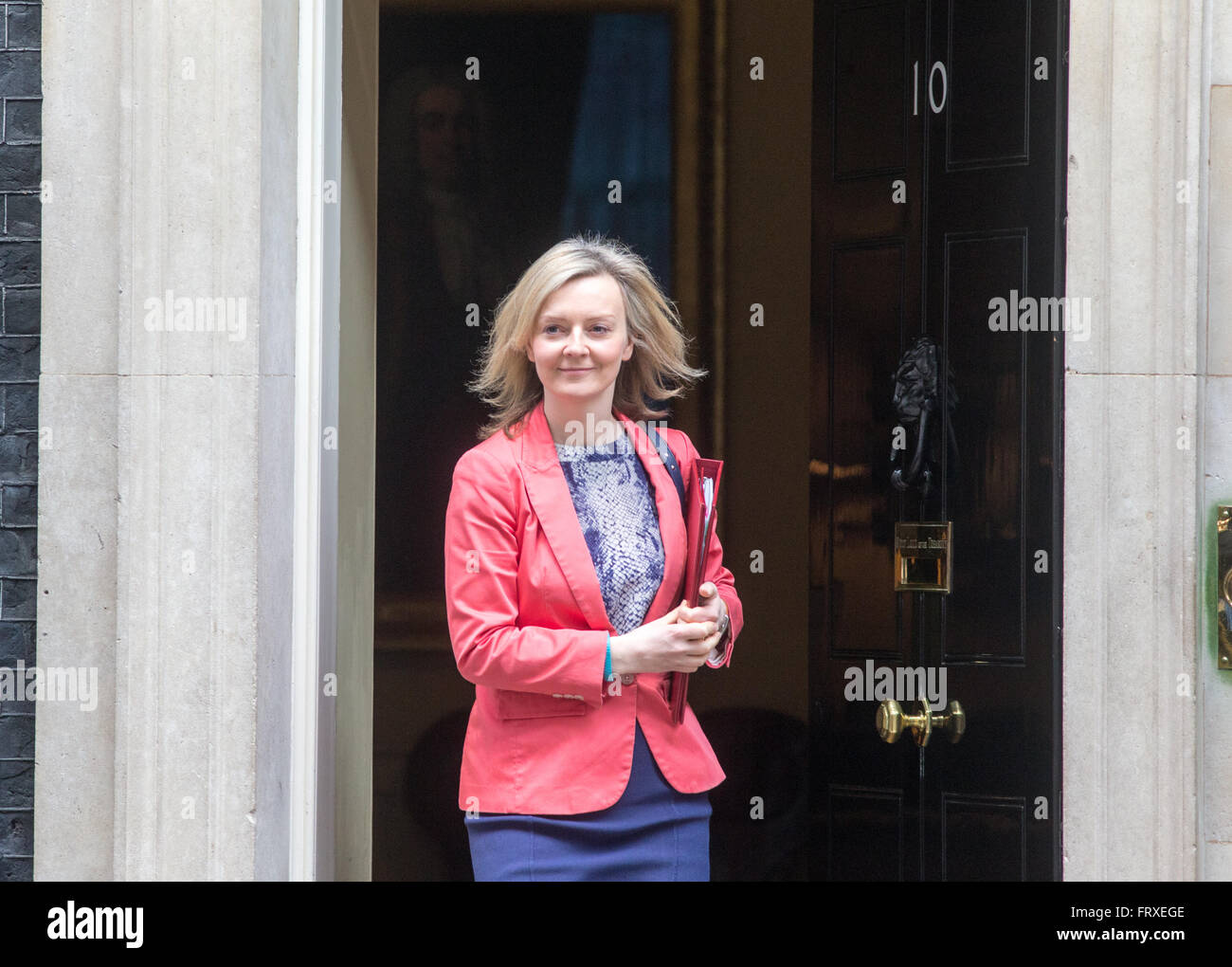Liz Truss, secretario de Estado de Medio Ambiente, Alimentación y Asuntos Rurales en el número 10 de Downing Street para una reunión del gabinete Foto de stock