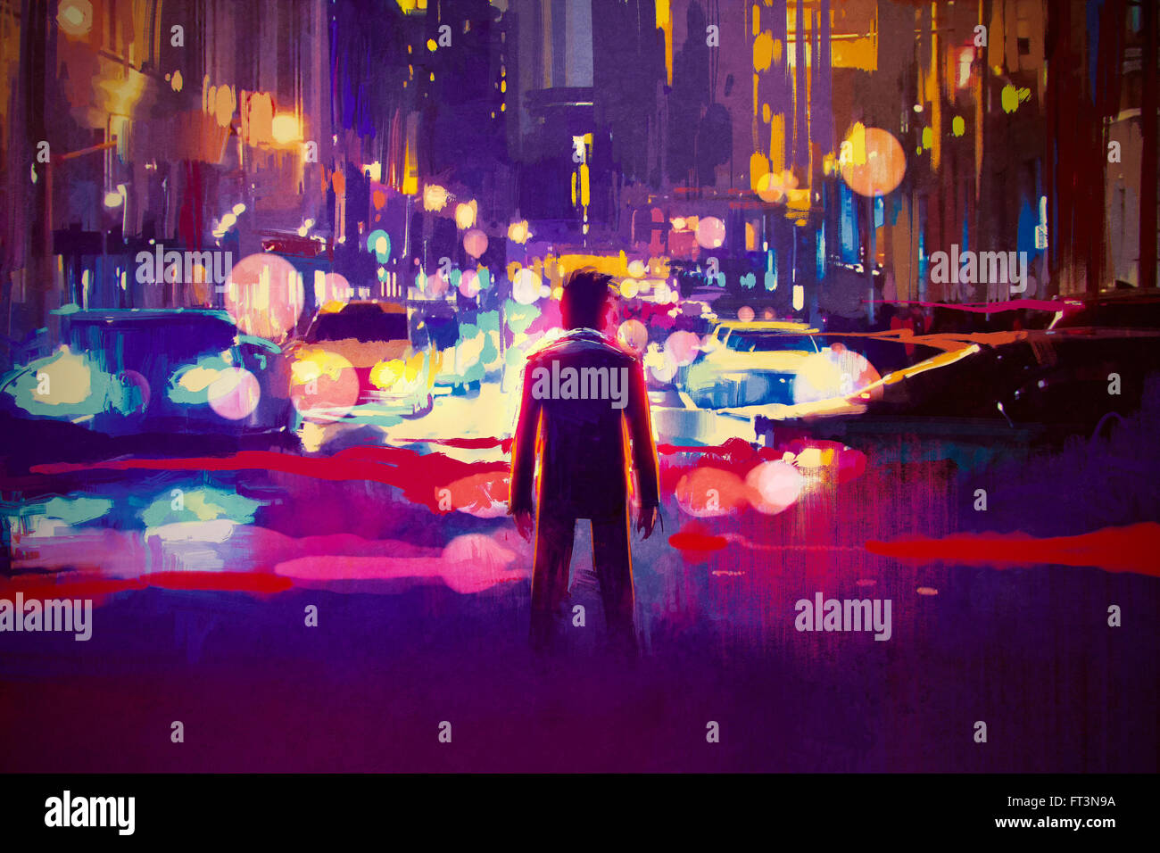 Hombre de pie en la calle por la noche iluminada, ilustración pintura Foto de stock