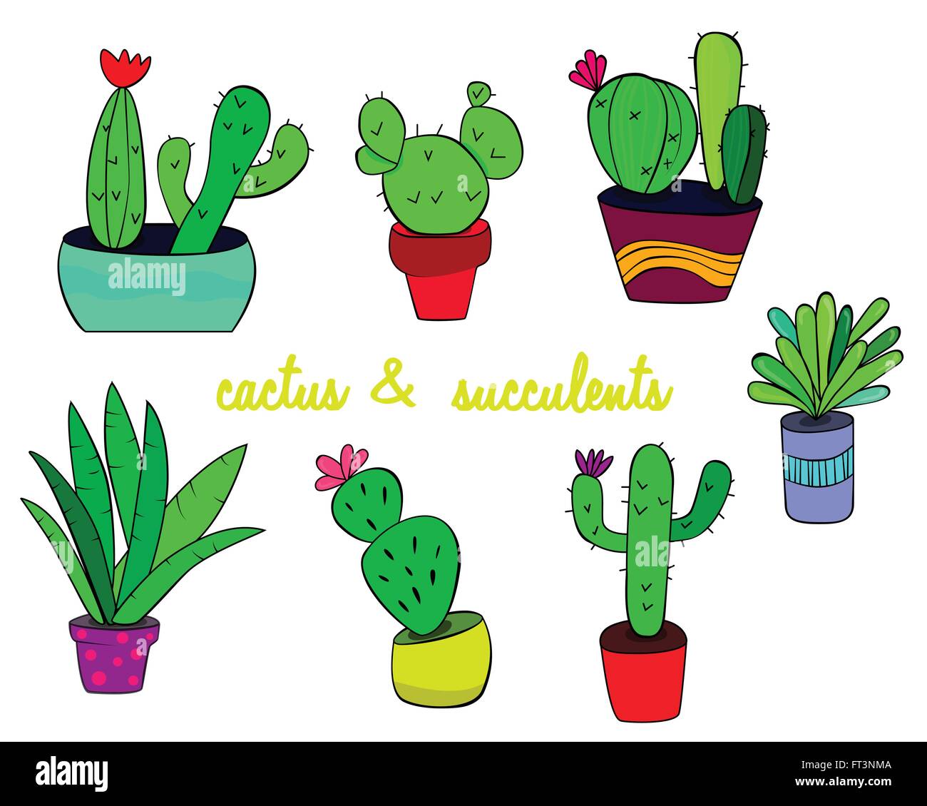 Cactus y suculentas en macetas. Ilustración vectorial de un conjunto de coloridos cactus y plantas suculentas que crecen en macetas cute. Ilustración del Vector