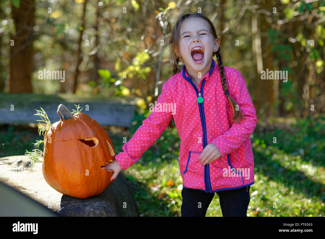 Chica con una calabaza de Halloween en otoño, riéndose, Baviera, Alemania Foto de stock