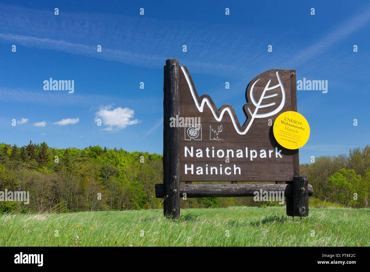 Señal de entrada del parque nacional Hainich / parque nacional Hainich, Turingia / Thüringen, Alemania Foto de stock
