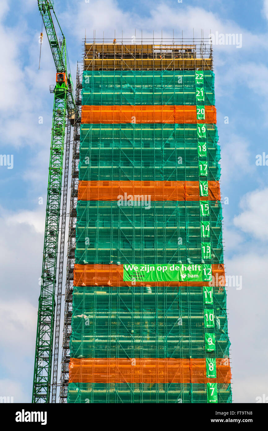 Sitio de construcción de un edificio alto, rascacielos, numeradas de pisos, una lona alrededor del edificio, Foto de stock