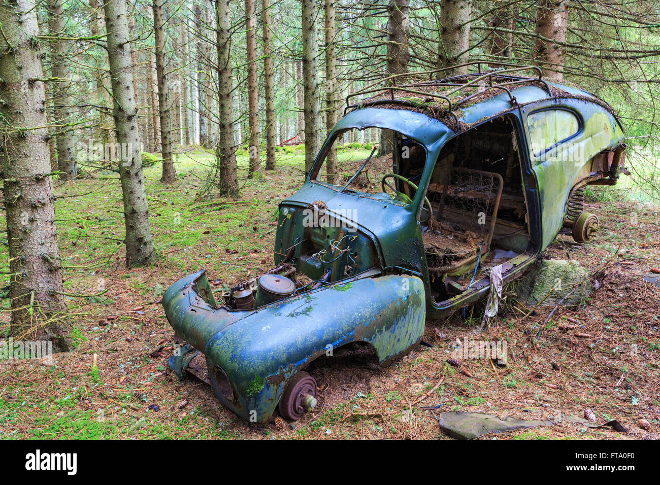 Volvo PV antiguo objeto de dumping en el bosque Foto de stock