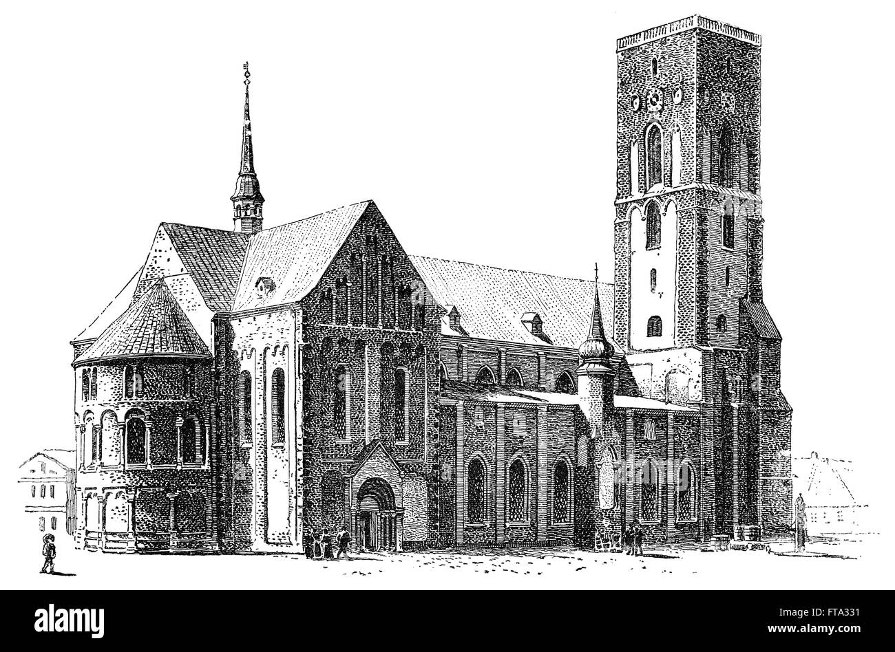 Grabado en blanco y negro de la Virgen María o la catedral (domkirke) en la ciudad de Ribe, Dinamarca. Foto de stock
