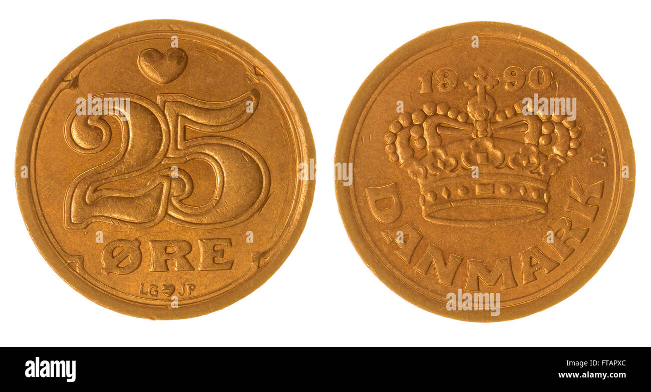 25 moneda de bronce 1990 mineral aislado sobre fondo blanco, Dinamarca Foto de stock