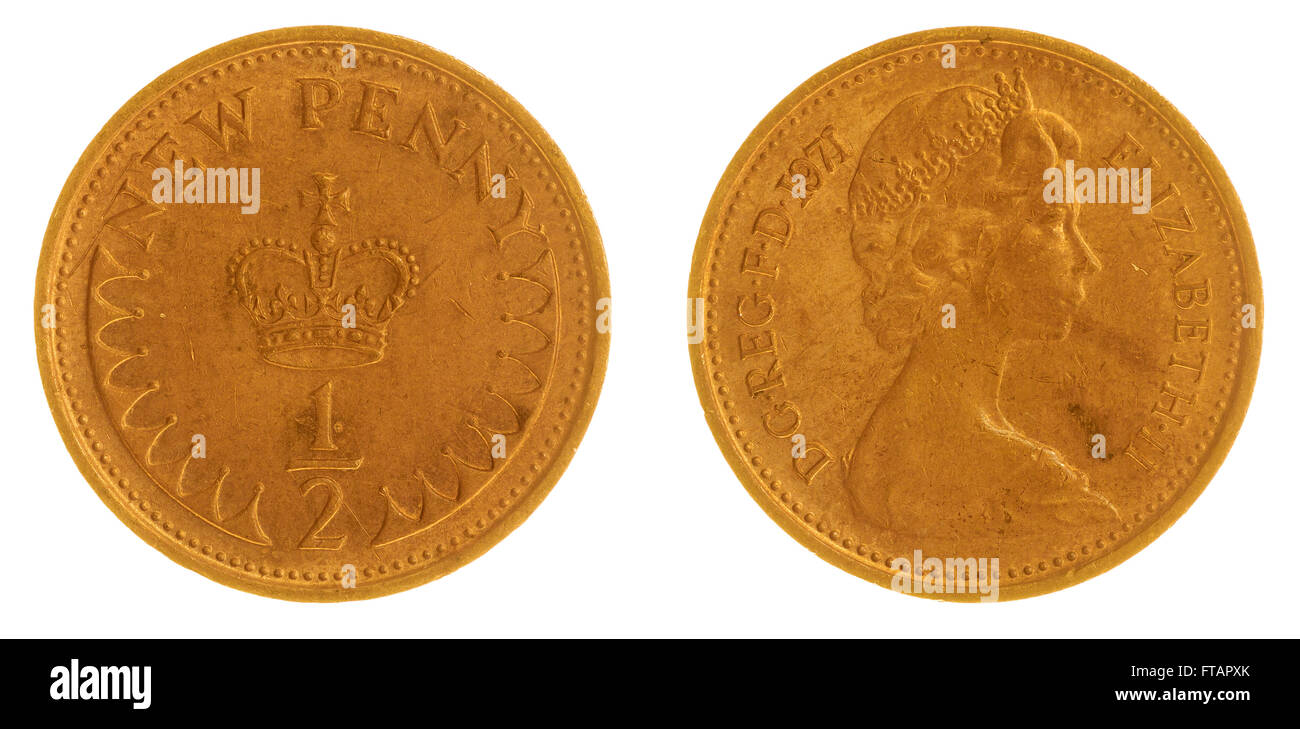 Mitad de bronce 1971 penny coin aislado sobre fondo blanco, Gran Bretaña Foto de stock