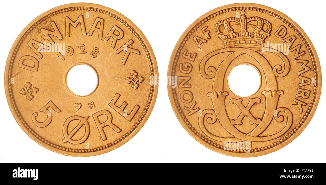 5 moneda de bronce 1928 mineral aislado sobre fondo blanco, Dinamarca Foto de stock