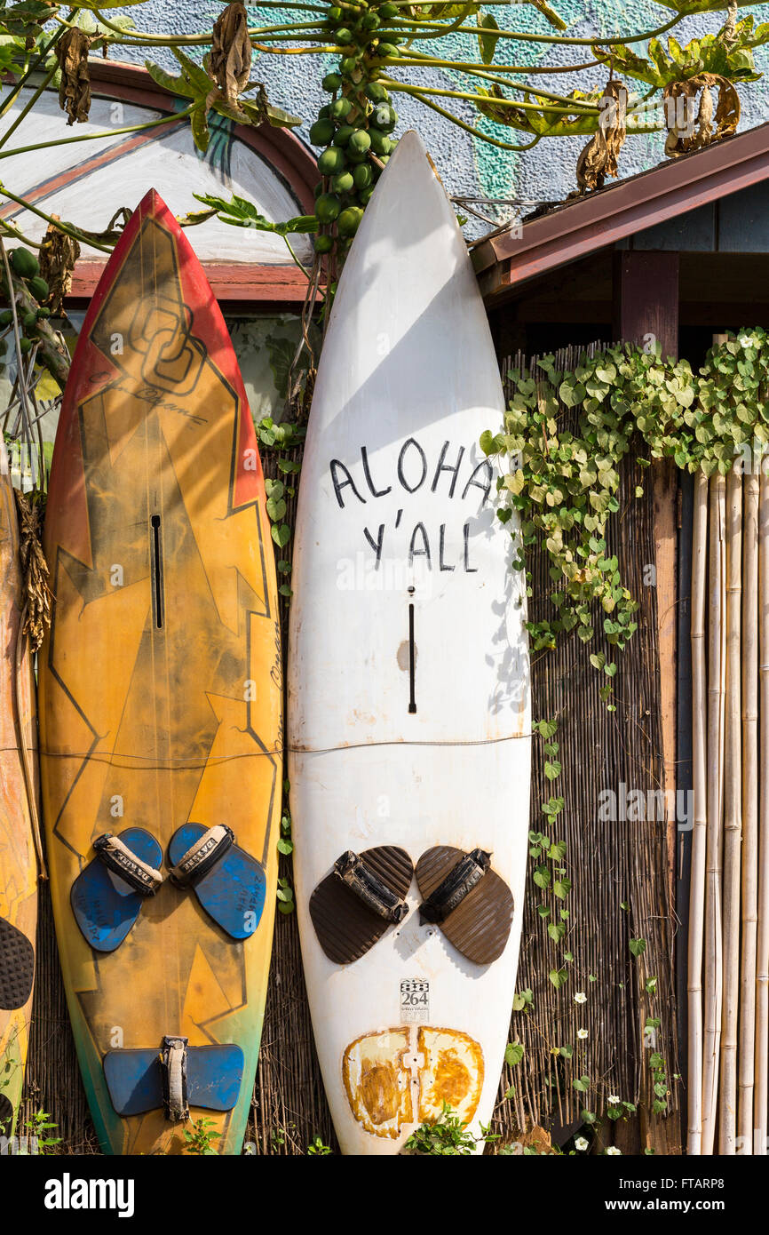 Una valla hecha de tablas de windsurf: exclusivas y divertidas atracciones locales de viajes en Paia, Maui, Hawai Foto de stock