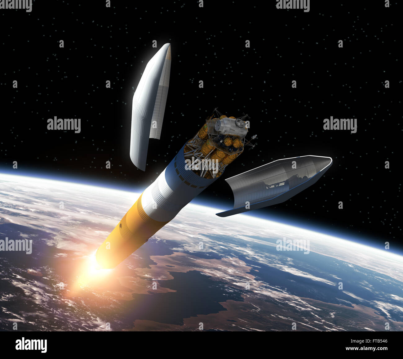 Crew Exploration Vehicle orbitando alrededor de la tierra. Escena 3D. Foto de stock