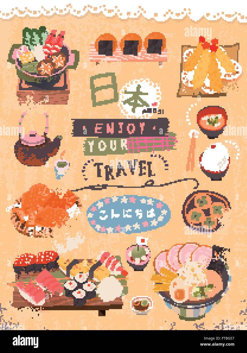 Japón atractivo manjar poster - Vamos a ir a Japón y Hola en japonés Imagen  Vector de stock - Alamy