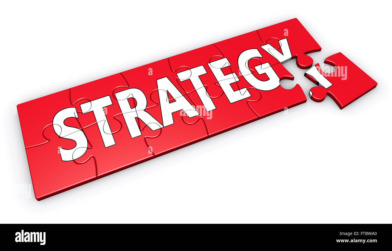Concepto de estrategia empresarial con signo y palabra en un puzzle rojo 3D ilustración aislado sobre fondo blanco. Foto de stock