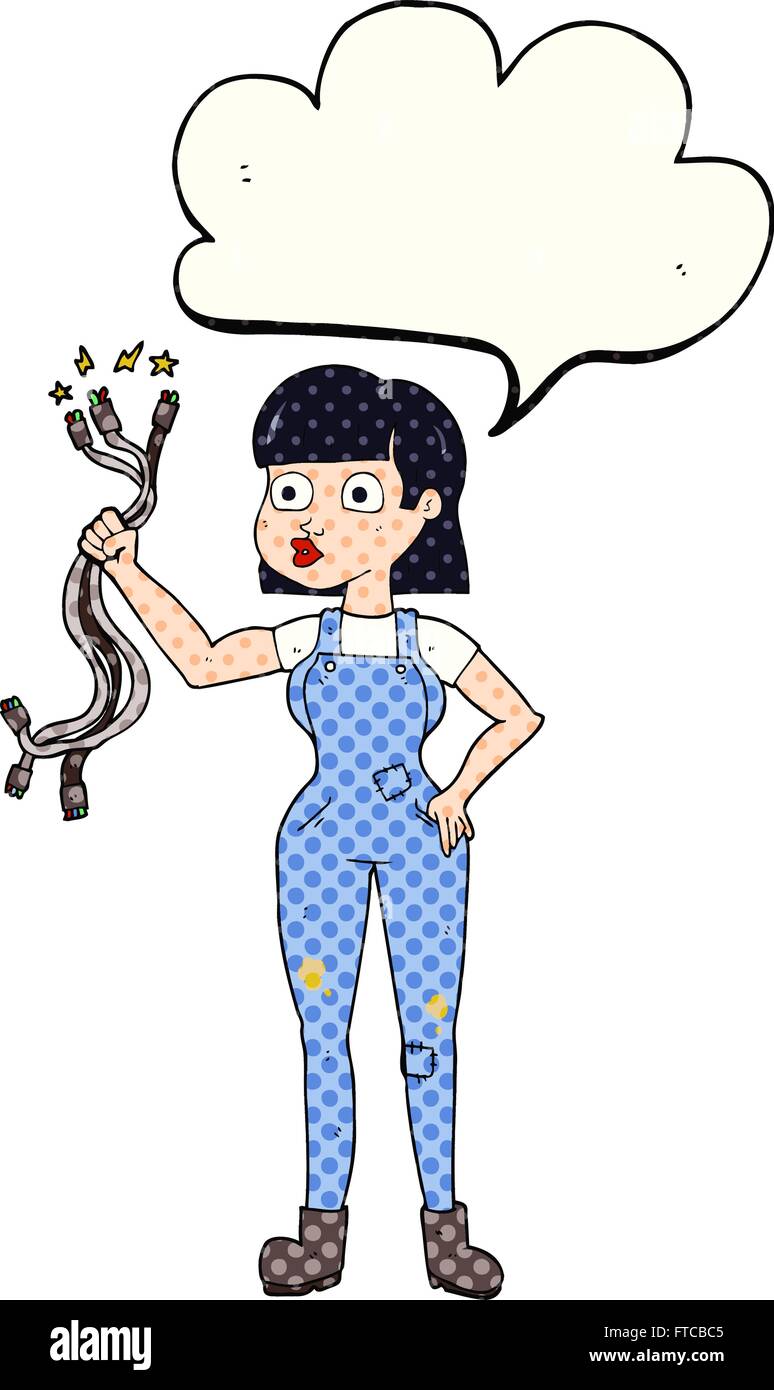 Cómic dibujado a mano alzada la voz femenina de dibujos animados burbuja  electricista Imagen Vector de stock - Alamy