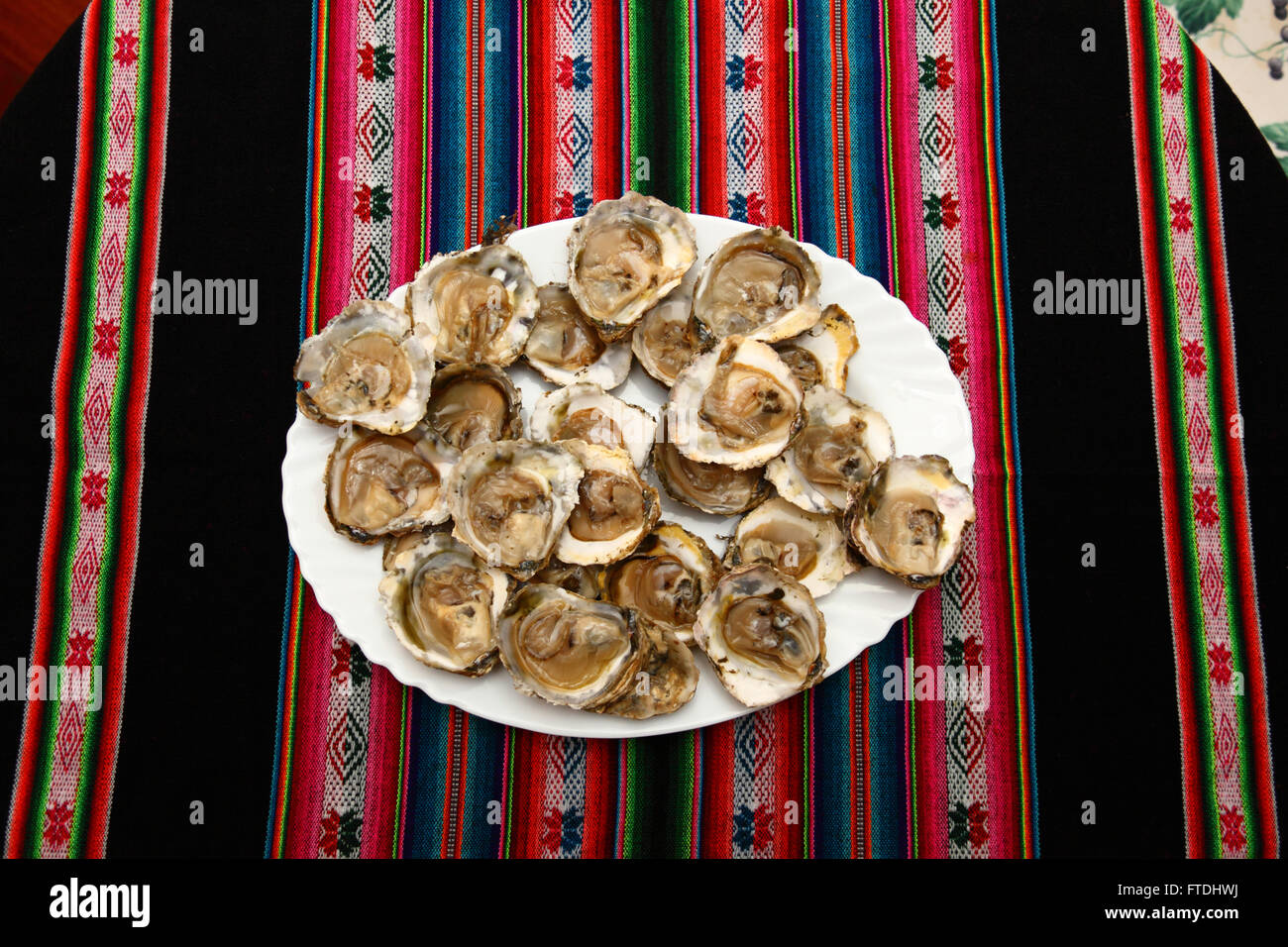 Ostras frescas en el plato en el restaurante de mariscos, Vigo, Galicia, España Foto de stock