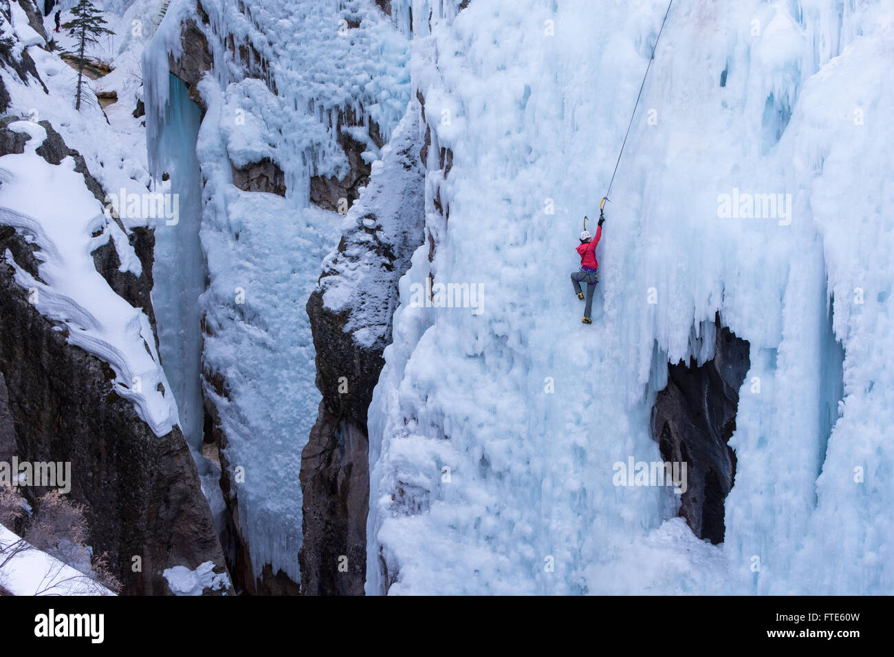 Ice climber escalar una ruta llamada Pick o' Vic, cuyo valor nominal es de WI4 en Ouray Colorado Foto de stock