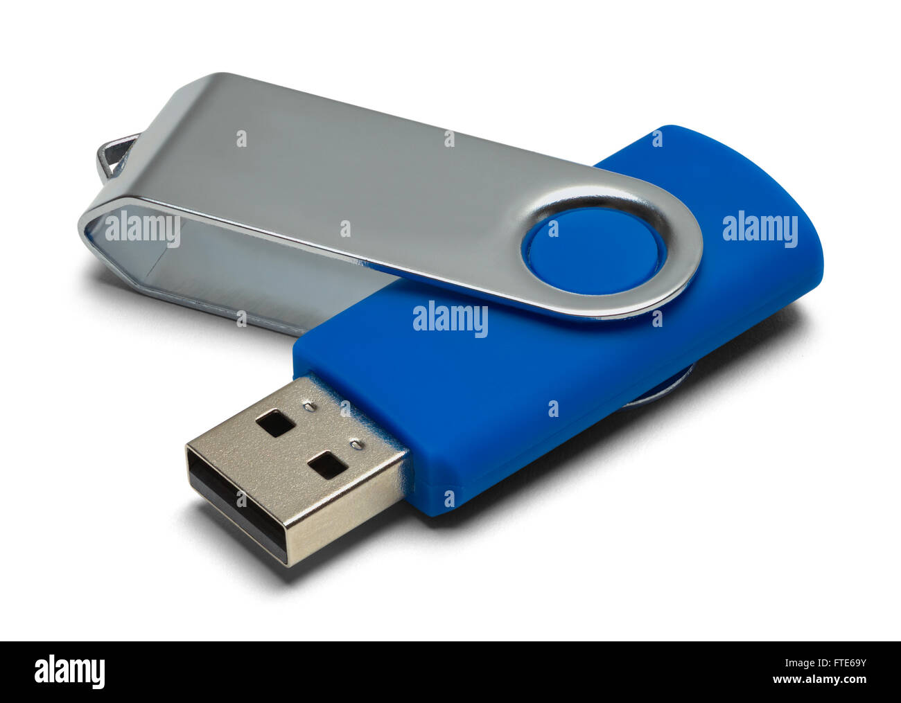 Thumb Drive USB azul con copia espacio aislado sobre fondo blanco. Foto de stock
