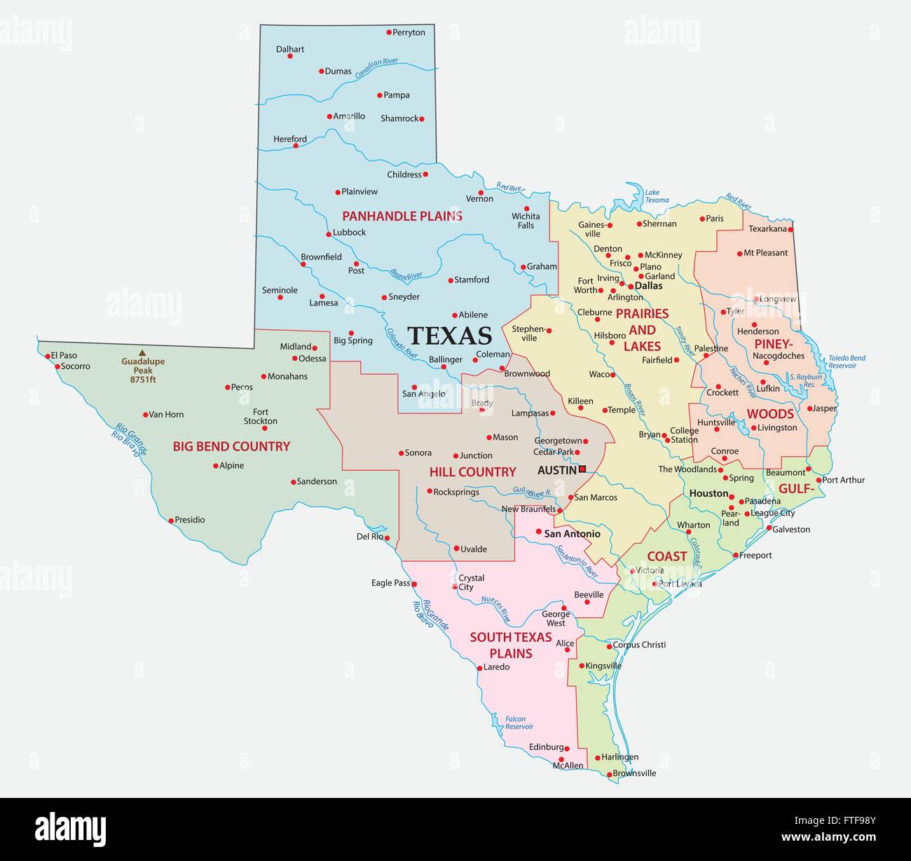 Mapa de las siete regiones en el estado de Texas Imagen Vector de stock