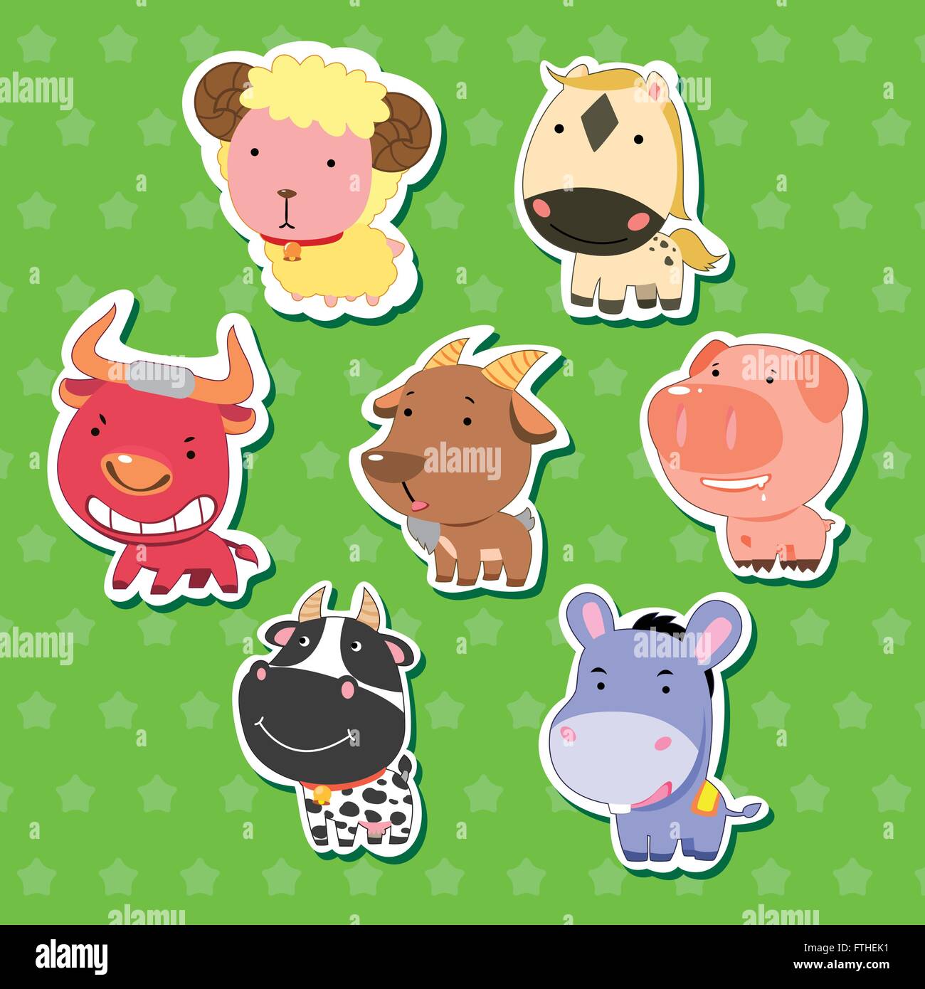 Pegatinas de animalitos graciosos con ovejas, toros, cabras, vacas, burros,  cerdos y caballos Imagen Vector de stock - Alamy