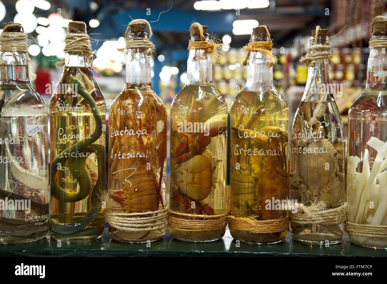 Botellas de cachaca artesanales con animales en la venta de la ciudad mercado de la ciudad de Campo gra Foto de stock