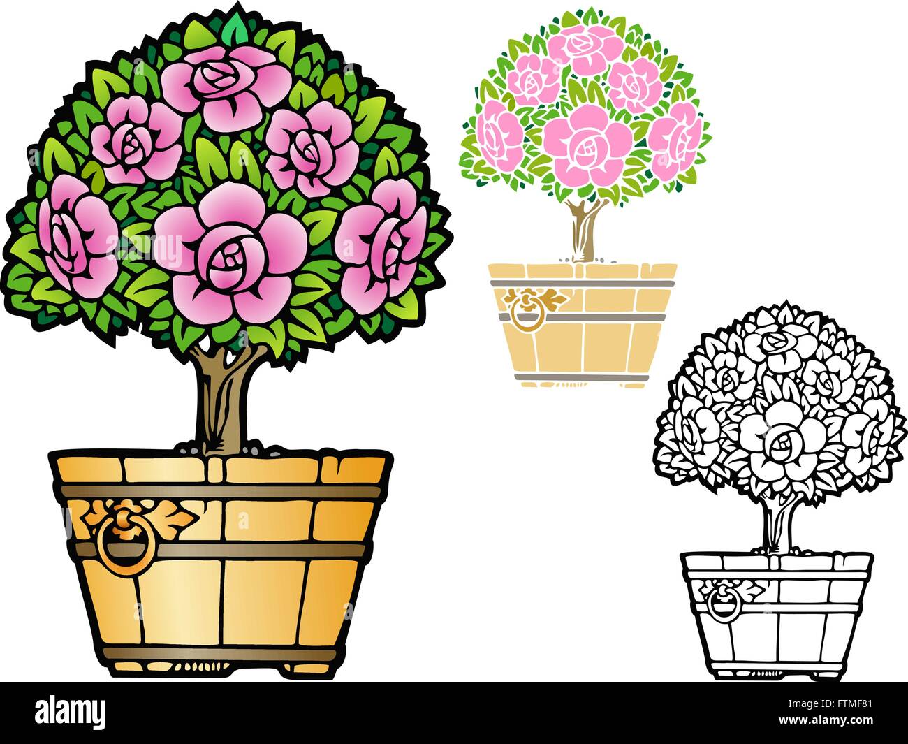 Como planta de interior decorativa, topiary rose tree en una cuchara. Incluye un contorno negro y no las versiones de degradado. Ilustración del Vector