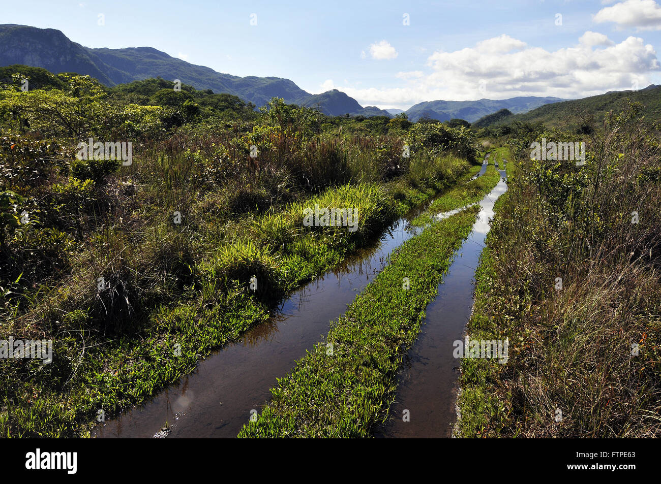 Tierras inundadas de carretera en el Parque Nacional Serra do Cipo - MG Foto de stock