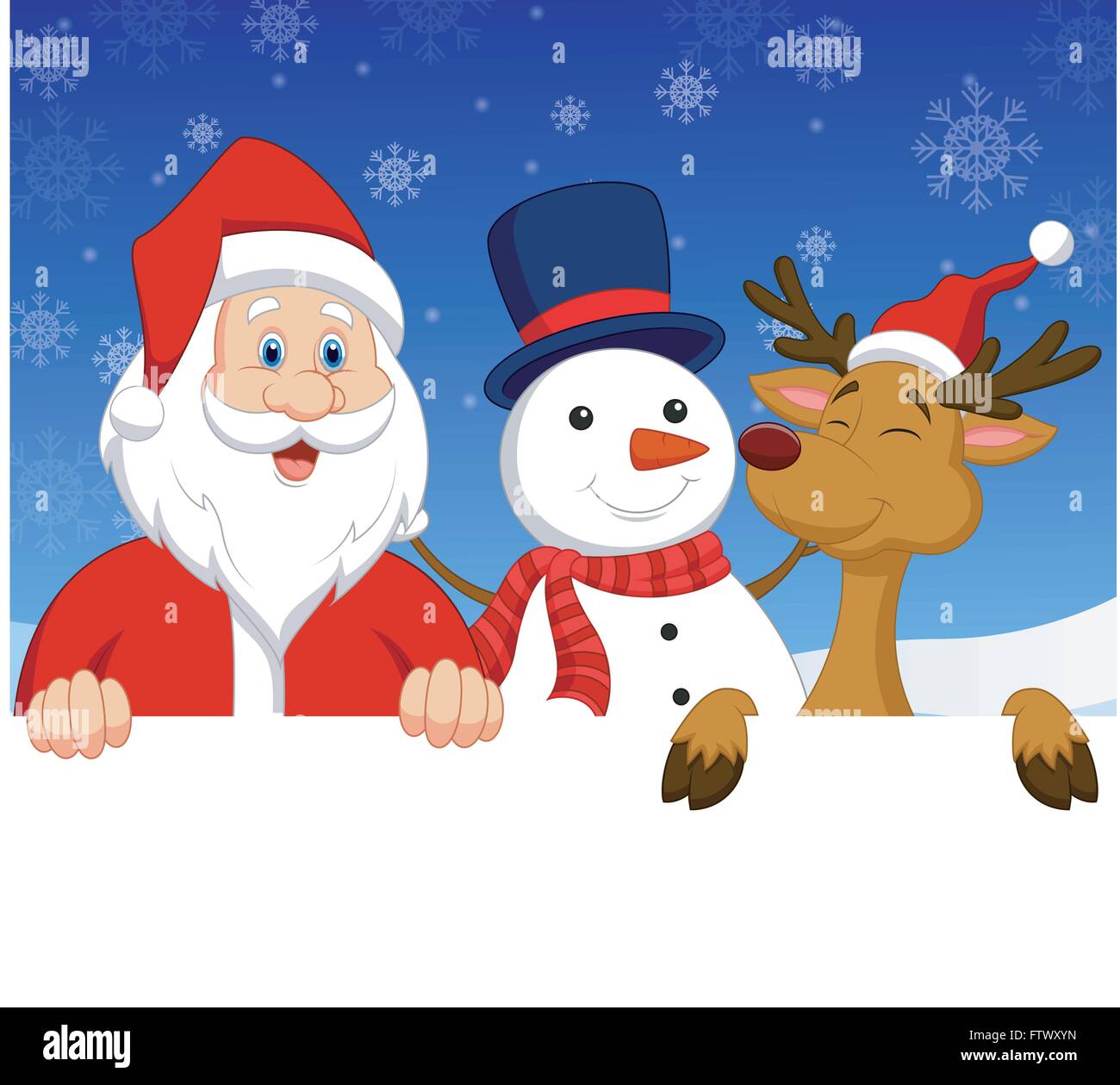 Santa Claus, los renos y el muñeco de nieve con nariz de firmar en blanco  Imagen Vector de stock - Alamy