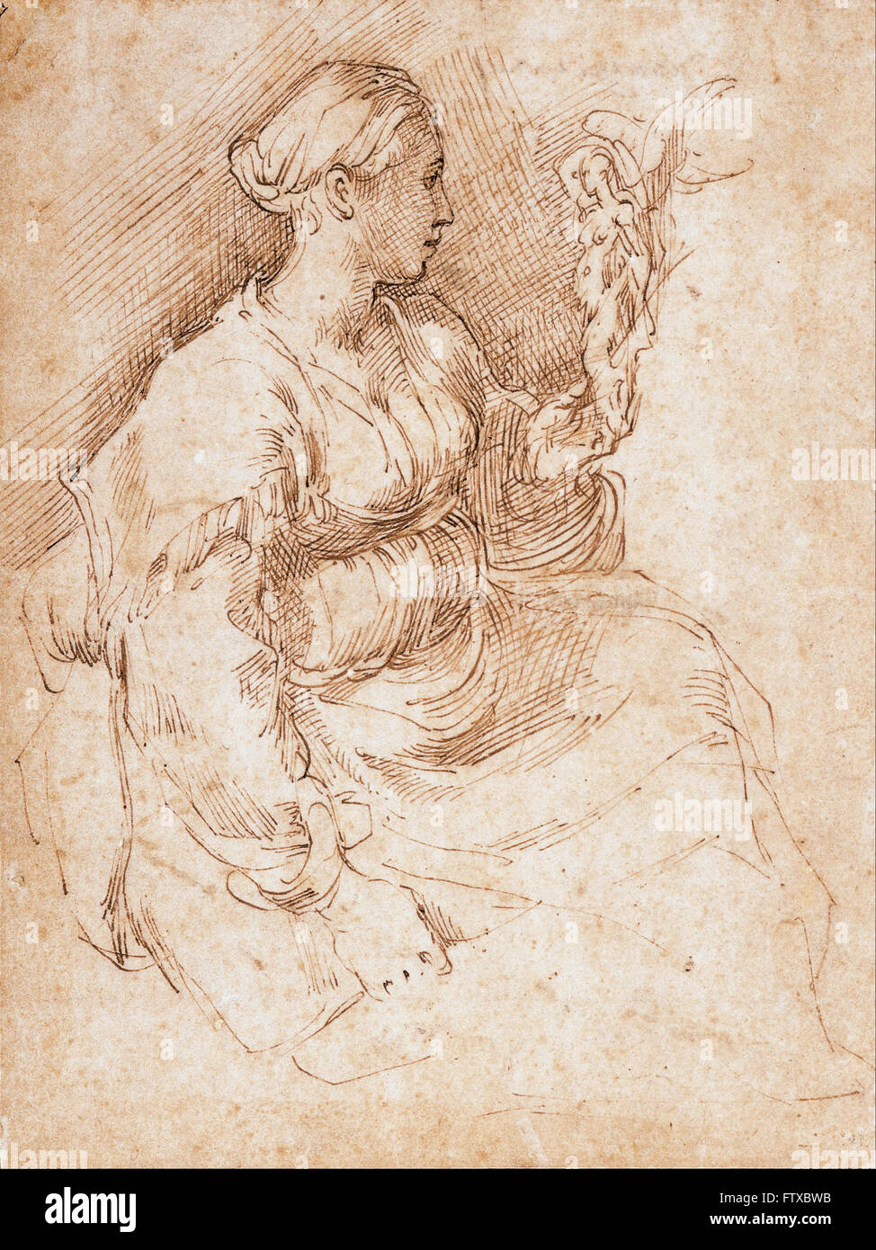 Parmigianino - Mujer Sentada sosteniendo una estatuilla de la Victoria - Museo de Arte de Cincinnati Foto de stock