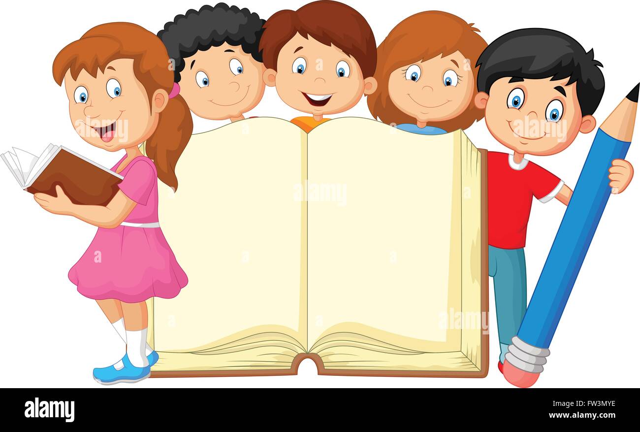 Los niños de dibujos animados con el libro y el lápiz Imagen Vector de  stock - Alamy