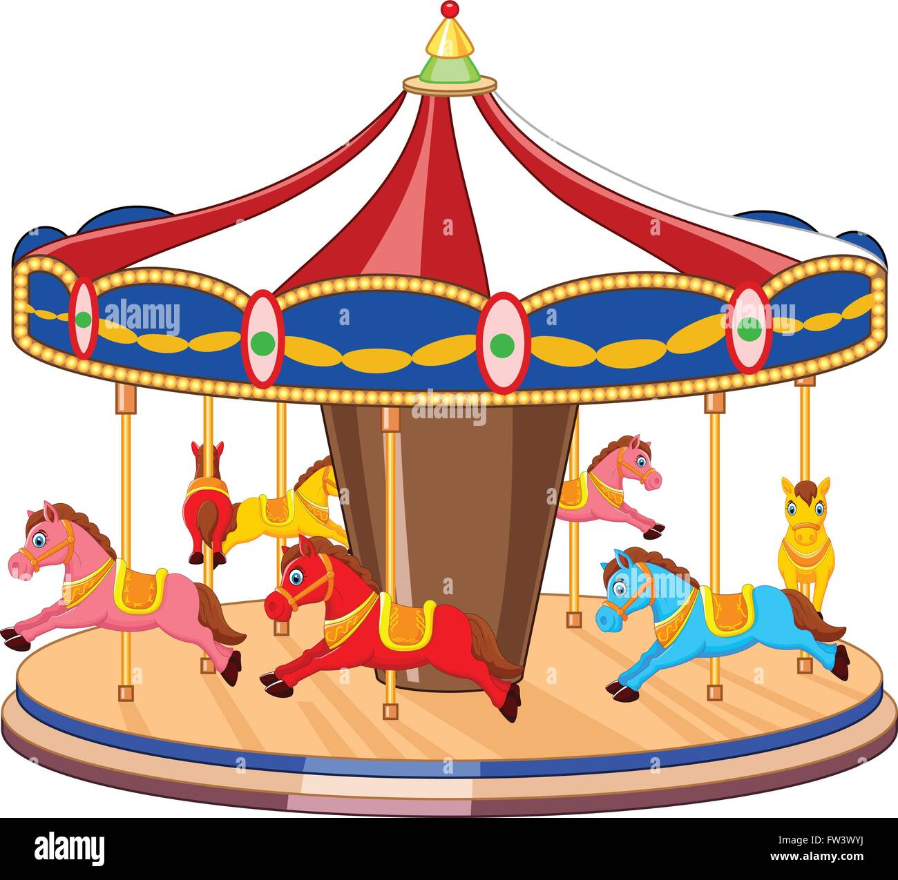 Carrusel de dibujos animados con coloridos caballos Imagen Vector de stock  - Alamy