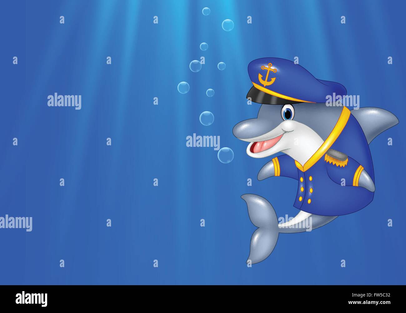 Cartoon vistiendo uniforme de capitán de delfines nadando en el océano Ilustración del Vector