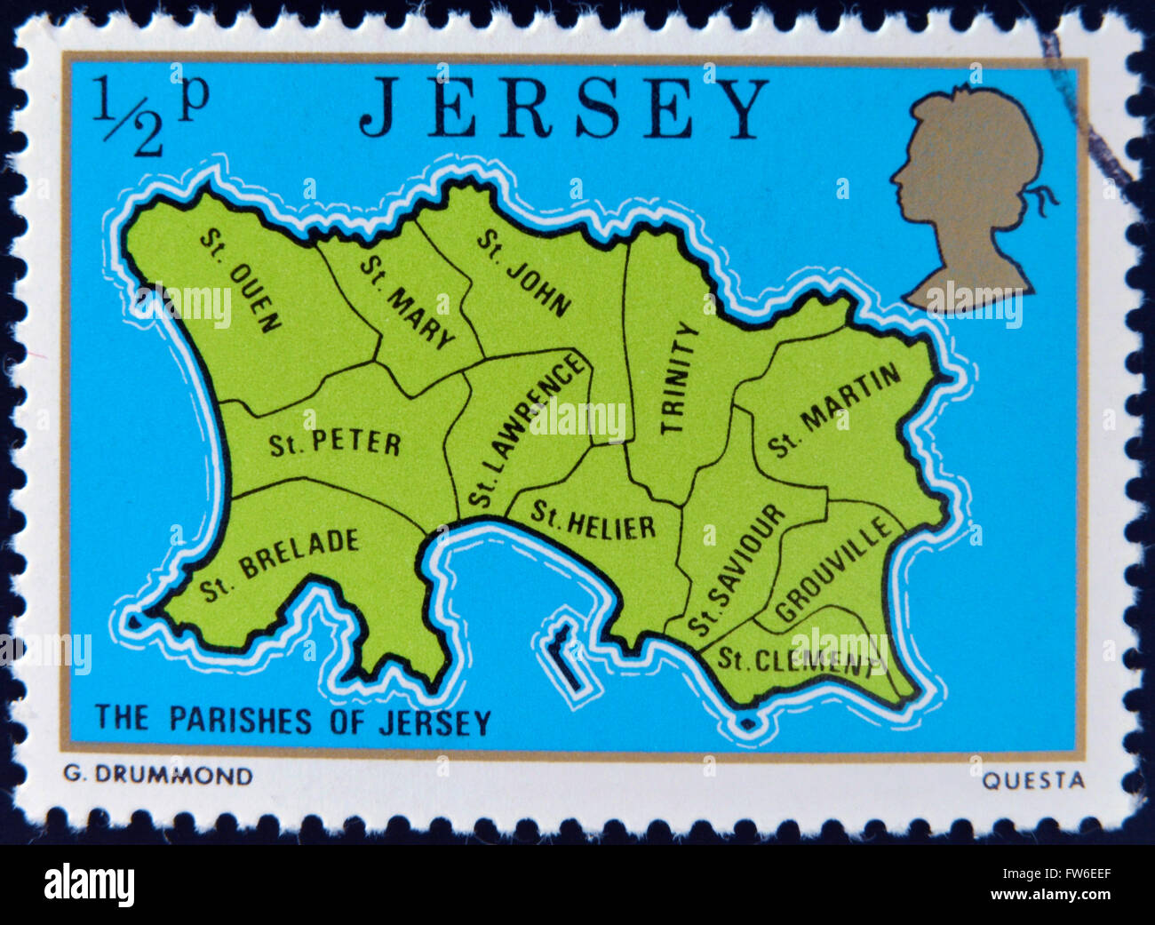 JERSEY: circa 1976: un sello impreso en Jersey muestra un mapa de las parroquias de Jersey, circa 1976 Foto de stock