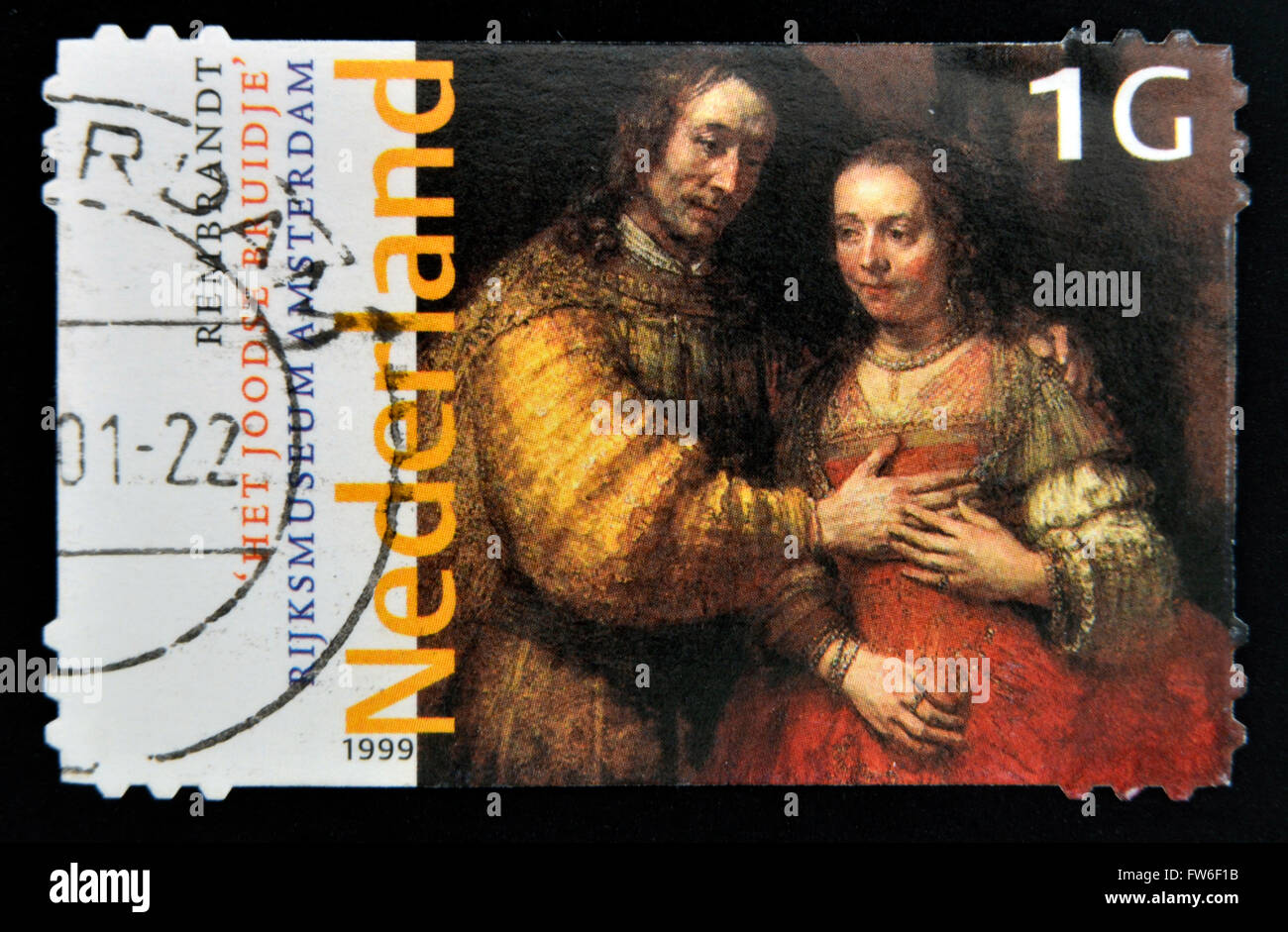 Países Bajos - circa 1999: un sello impreso en Holanda muestra imagen de la pintura de Rembrandt "La novia judía" Foto de stock