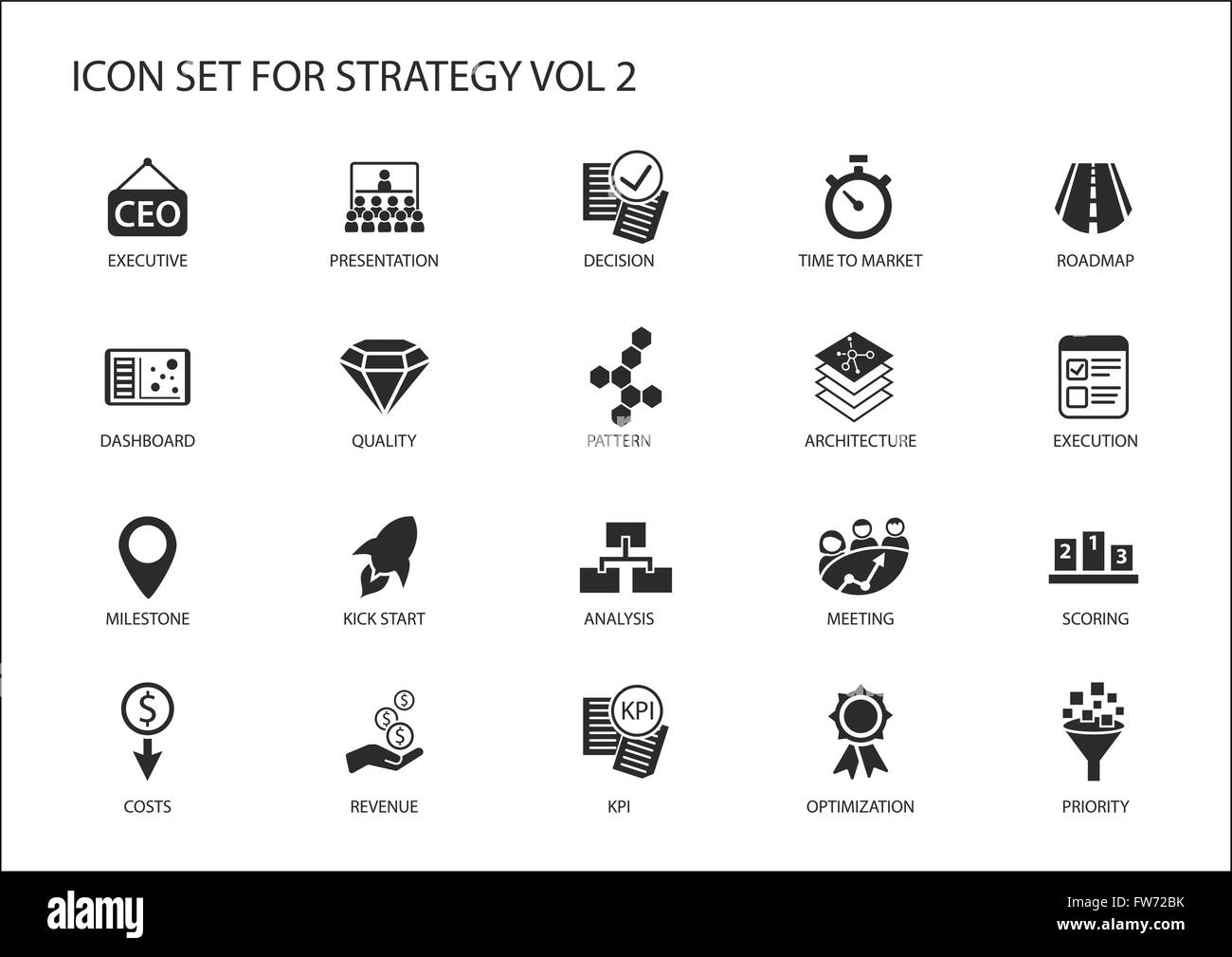Estrategia conjunto de iconos con distintos símbolos para temas estratégicos como la optimización, salpicadero,priorización. Ilustración del Vector