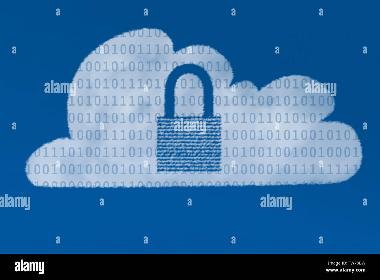 Una nube blanca con fecha binario y un candado cerrado que ilustran la idea de la seguridad de los datos en la Nube. Foto de stock