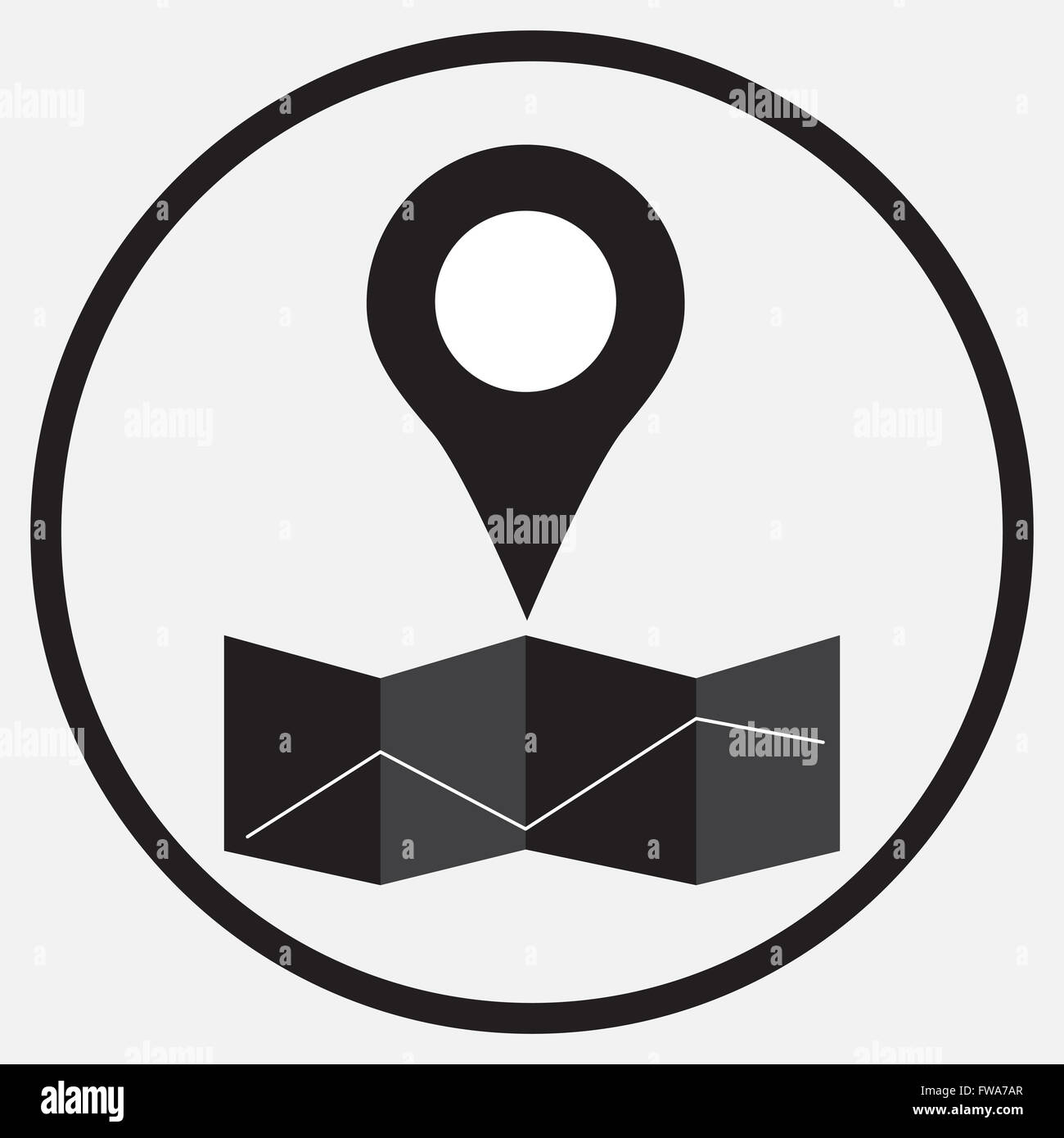Mapa de ubicación del pasador en monocromo. Botón insignia y asignar el pasador, empuje el pasador y el botón pin, vector de mapa. Punto de posición del mapa. Vector Foto de stock