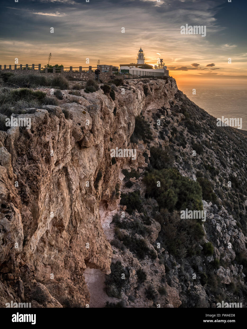 Amanecer en el Parque Natural Cabo de Gata, Mesa Roldán, Almería, España Foto de stock