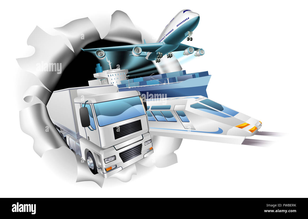 Un concepto de exportación la logística del transporte de carga de un contenedor de carga en tren, barco, avión y camión a través del fondo de ruptura Foto de stock