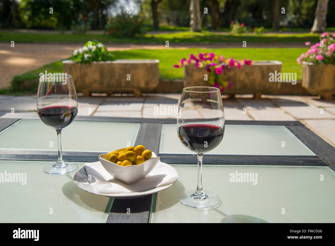 Aperitivo español: dos copas de vino tinto y aceitunas verdes en un jardín. España. Foto de stock