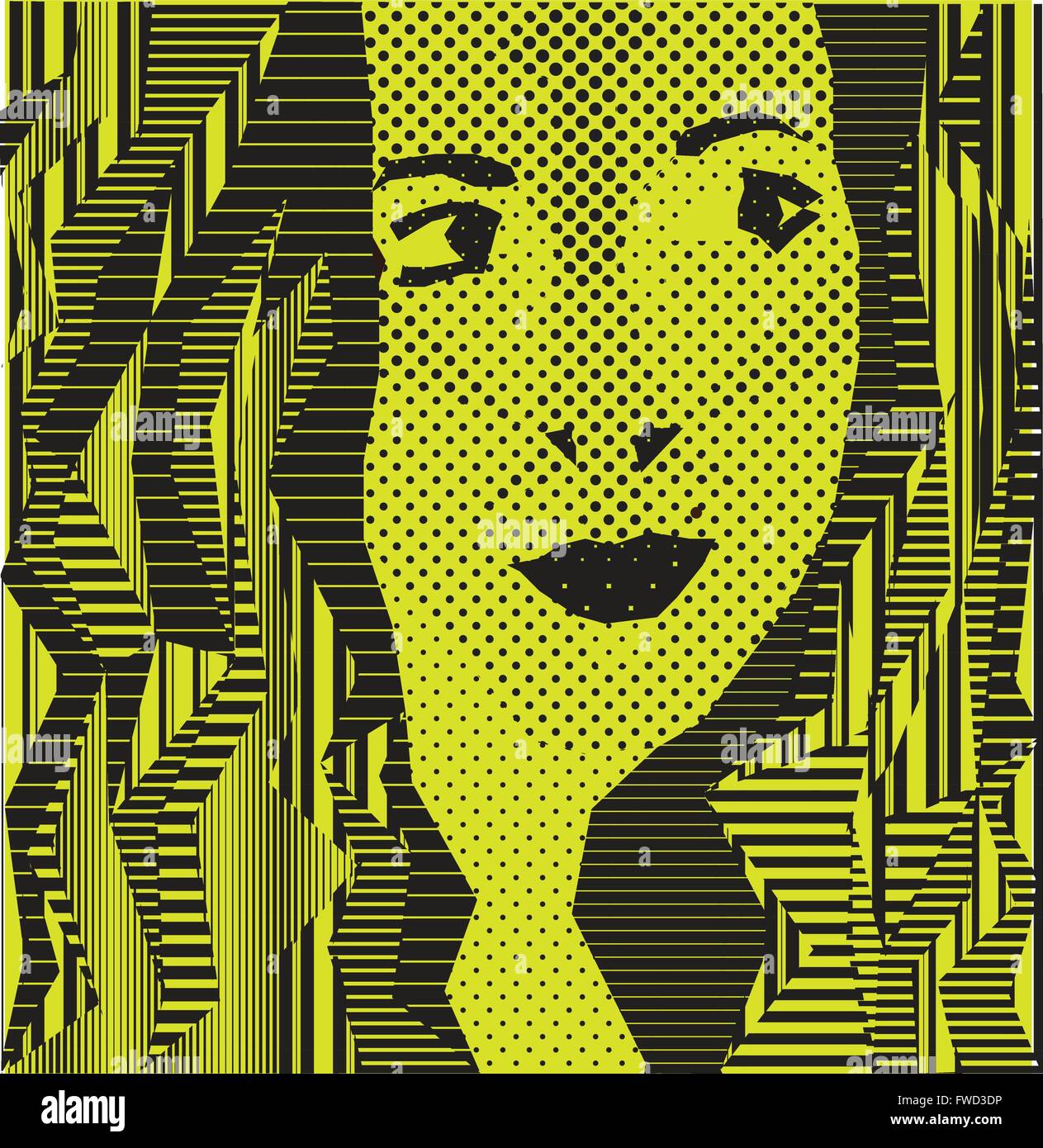 Negro y amarillo, salpicado y rayado retro retrato de una atractiva chica Ilustración del Vector