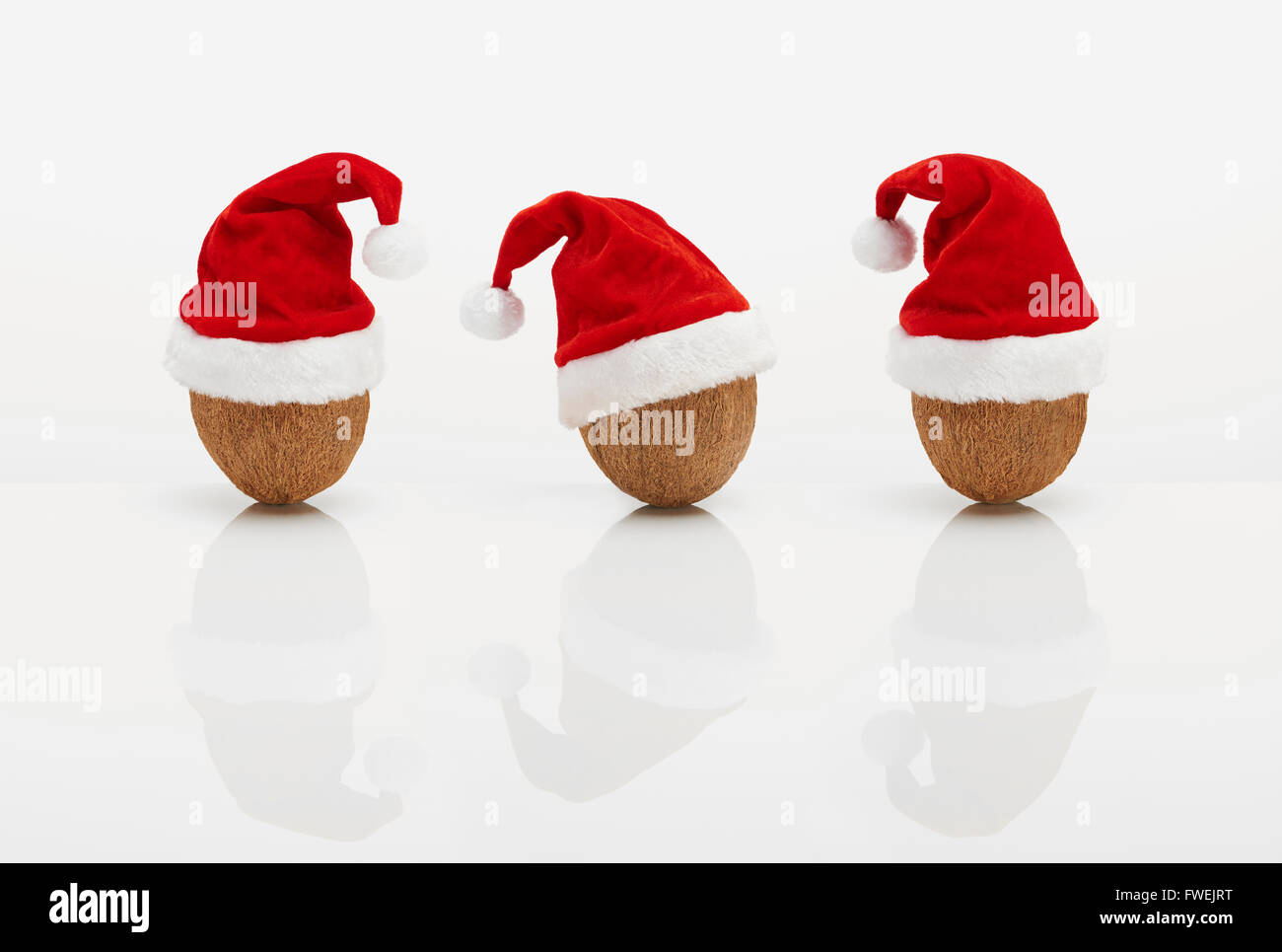 Cocos con sombreros de Navidad Foto de stock