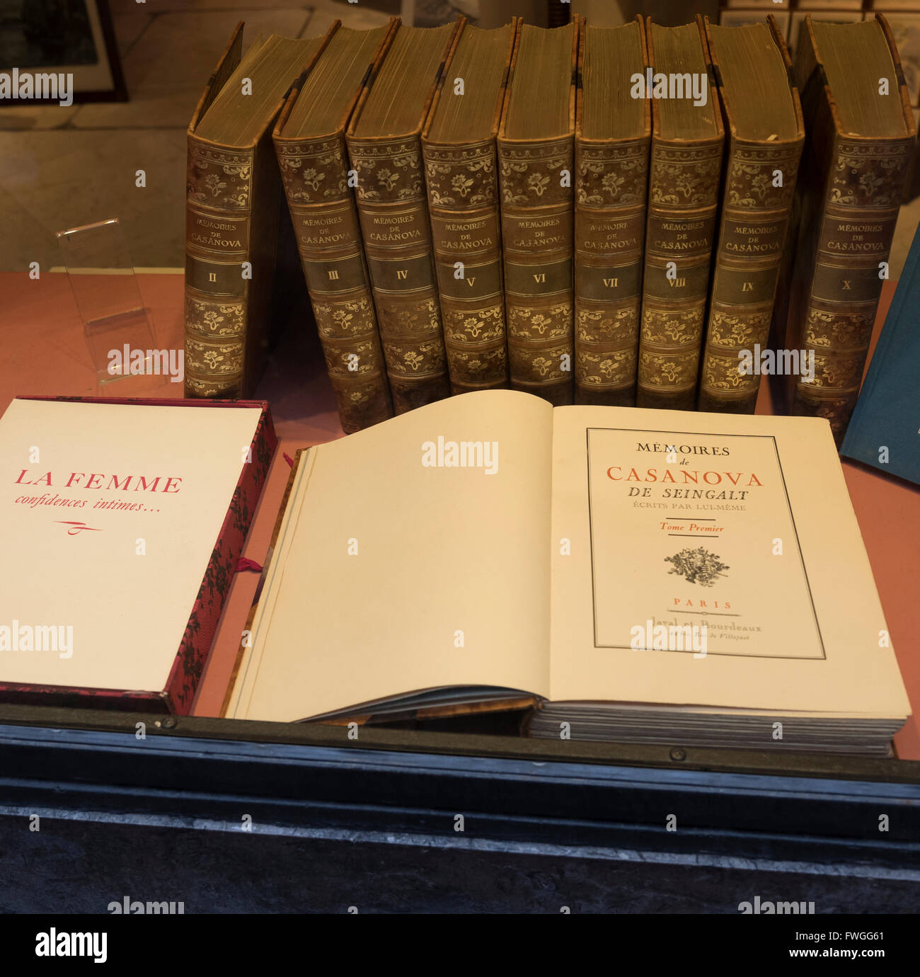 Casanova libros en un escaparate, Venecia, Italia. Foto de stock