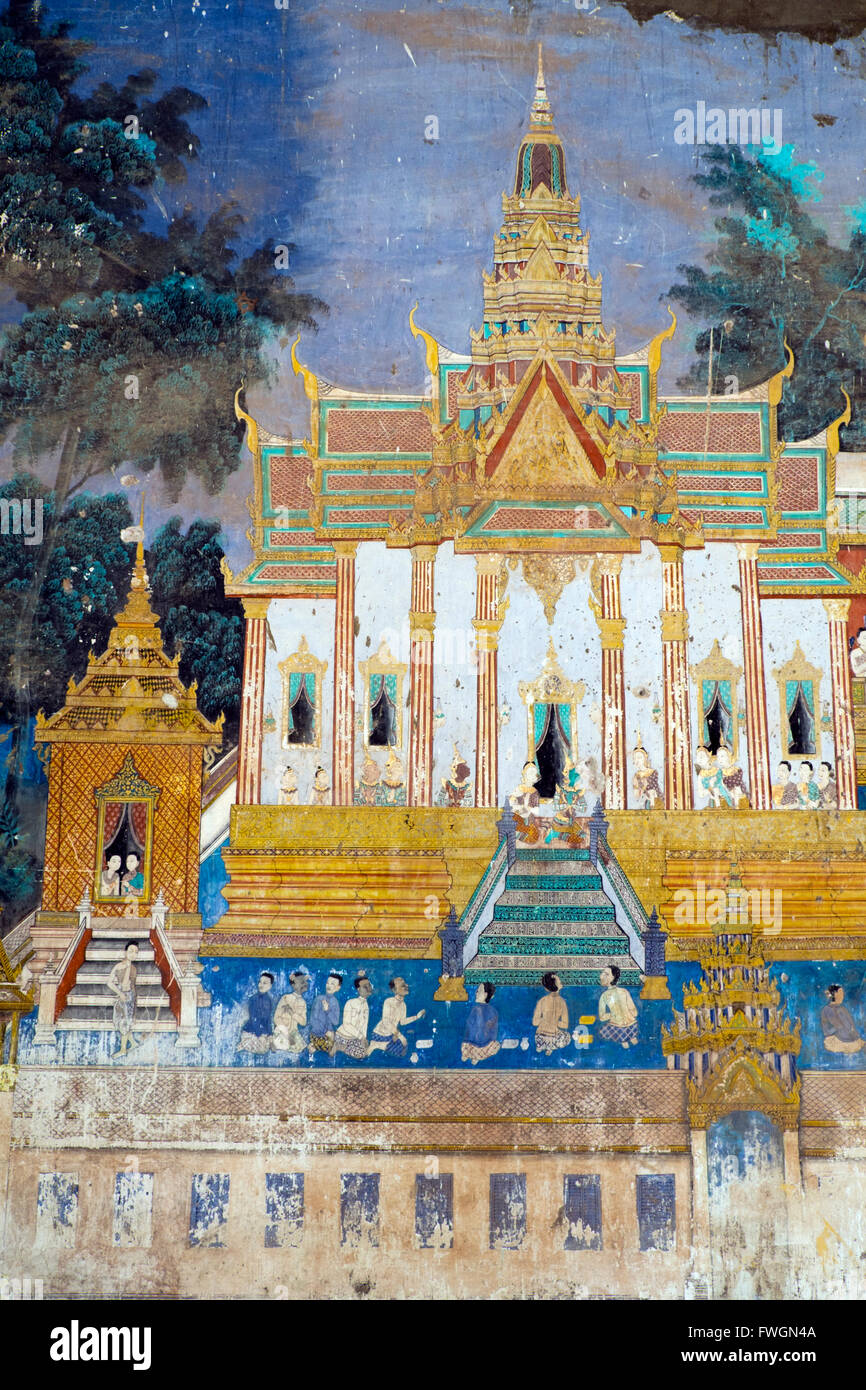 Detalle del Reamker murales (Versión Khmer del Ramayana), el Palacio Real, en Phnom Penh, Camboya, Sudeste de Asia Foto de stock