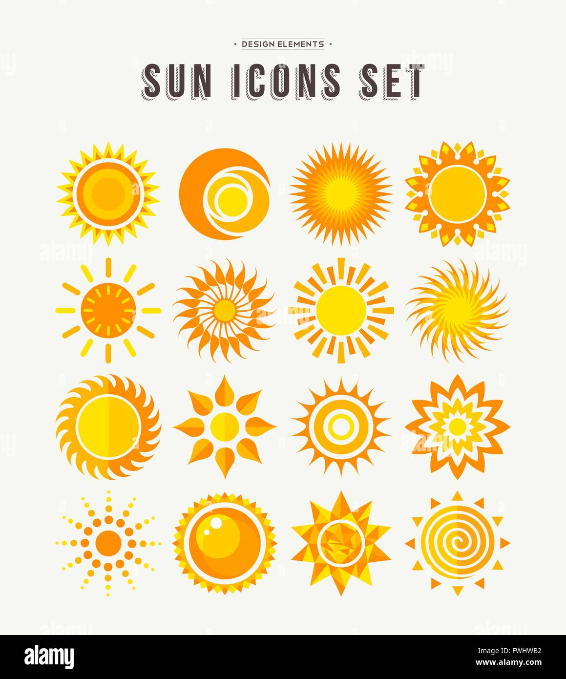 Conjunto de sol de las ilustraciones, el icono amarillo en diseños abstractos arte plana para el tiempo o el clima proyecto. Vector EPS10. Ilustración del Vector