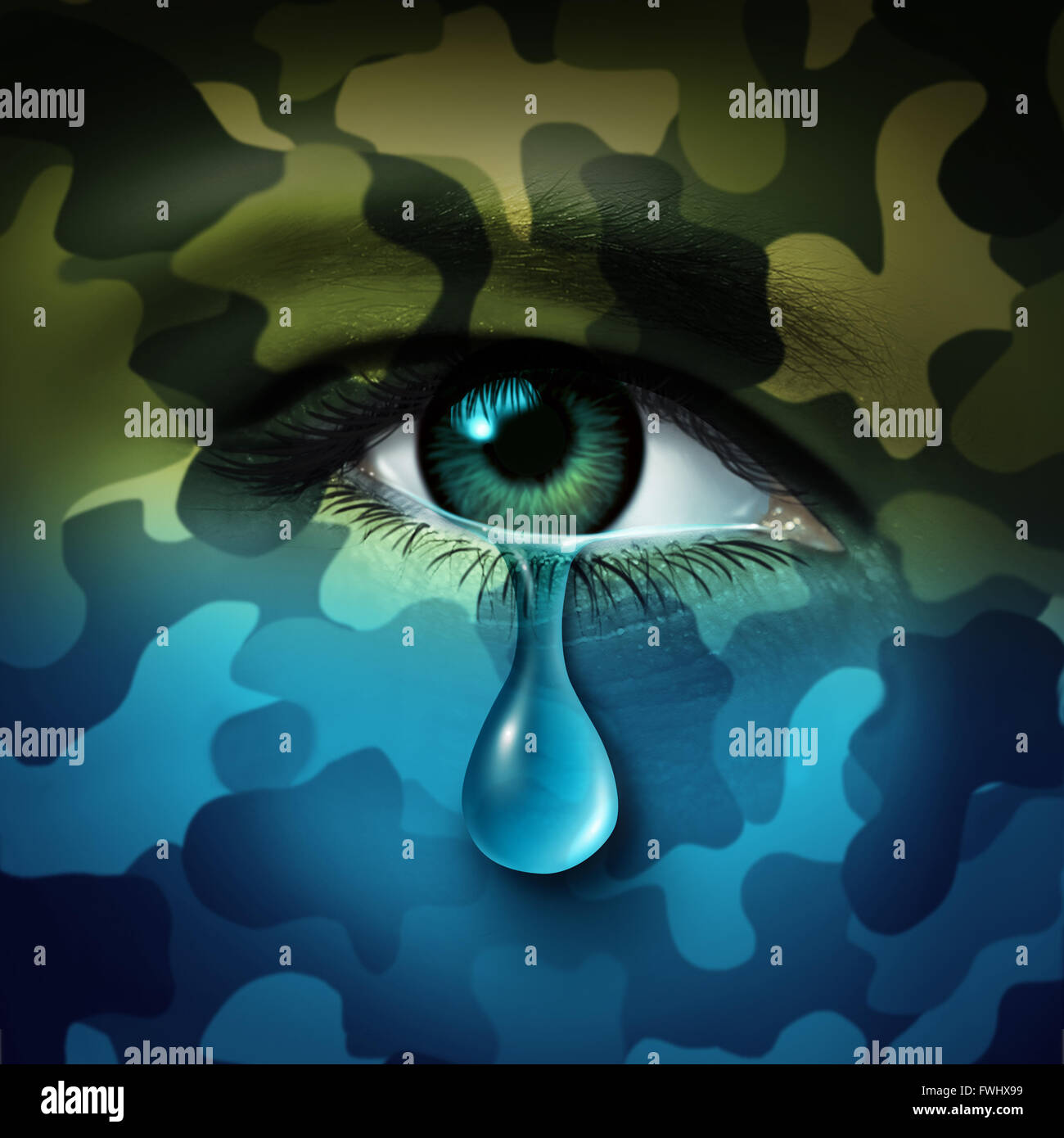 Concepto de salud mental depresión militares y víctimas de la guerra como símbolo de un ojo humano llorando lágrima con camuflaje verde se transforma en un humor azul como una metáfora para el veterano combatiente o problemas de salud. Foto de stock