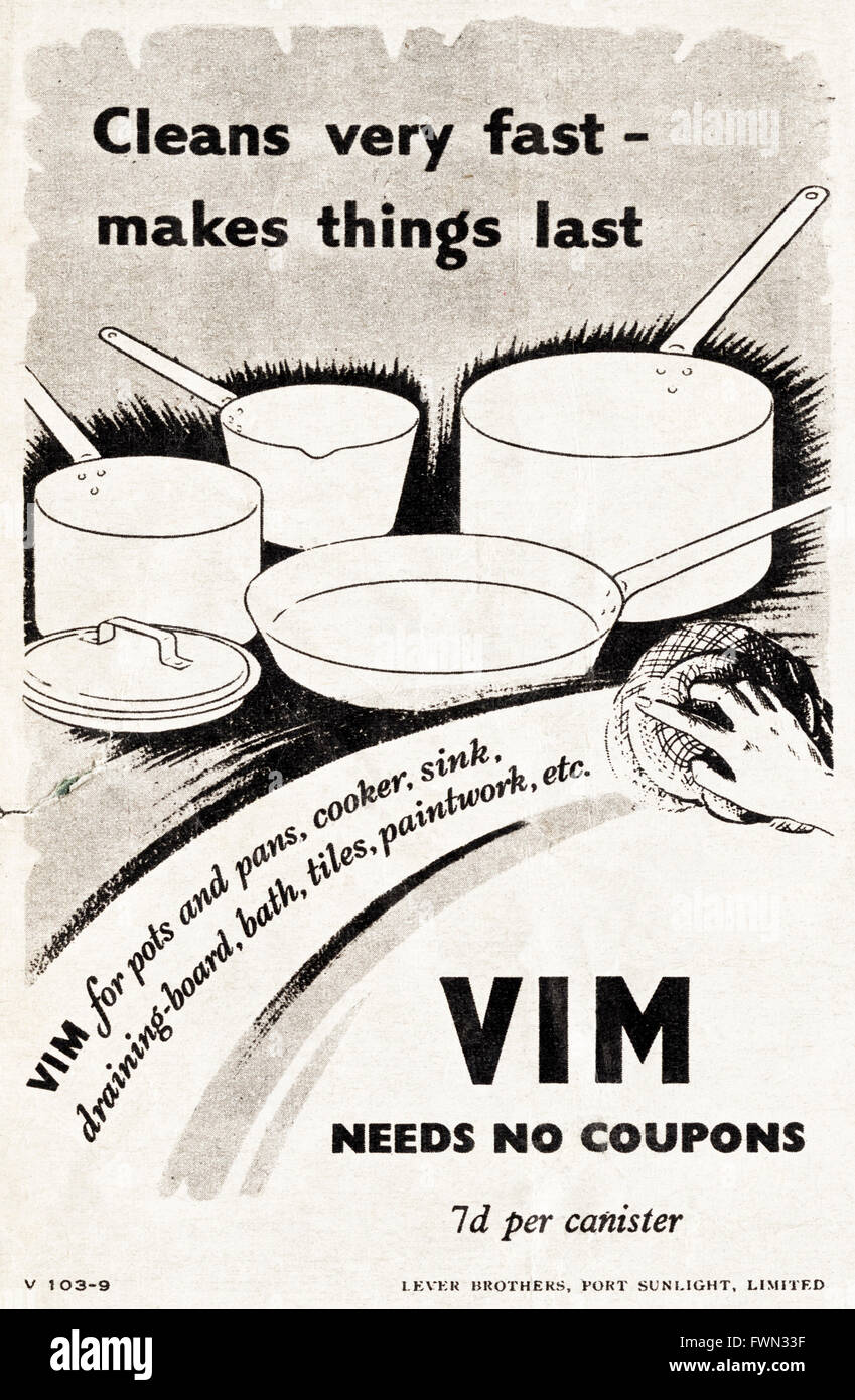 Anuncio original de la vendimia de 1940. Anuncio de guerra fechado 1943  publicidad VIM detergente en polvo de la cocina Fotografía de stock - Alamy