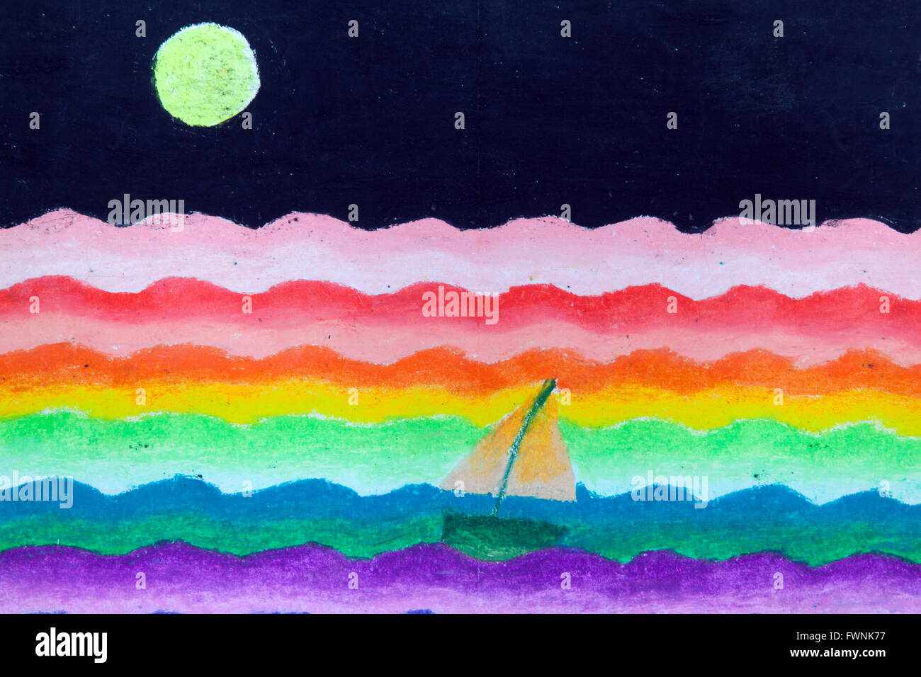 Navegar en el mar y la luna de dibujo a mano alzada de color crayola  técnicas desde joven artista ilustrado para niños están aprendiendo tipo  Fotografía de stock - Alamy
