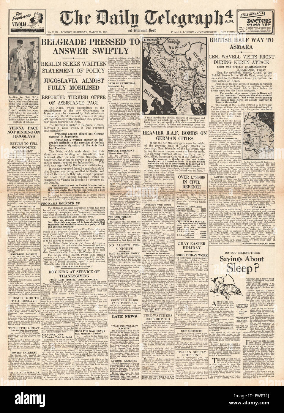 1941 Primera página Daily Telegraph Yugoslavia bajo presión formar gobierno alemán y las fuerzas británicas avanzar en Asmara Foto de stock