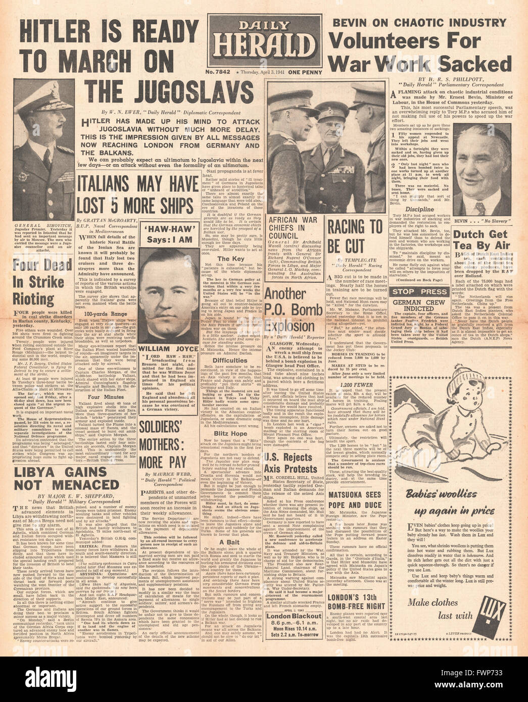 1941 Front Page Diario Heraldo Hitler listo para marzo en Yugoslavia y Lord Haw Haw William Joyce Foto de stock