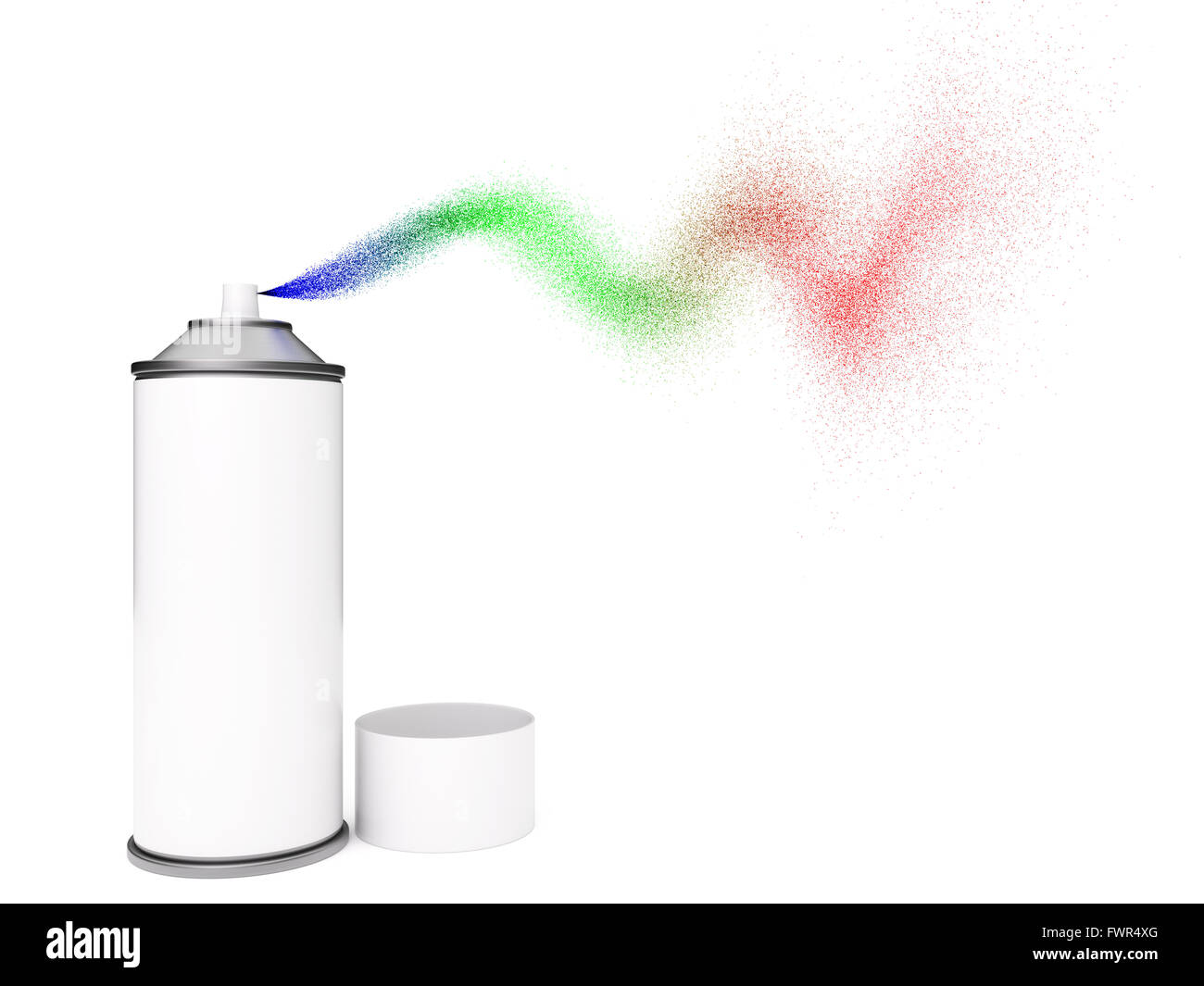 Lata de pintura en aerosol blanco con spray multicolor aislado sobre fondo blanco. Foto de stock