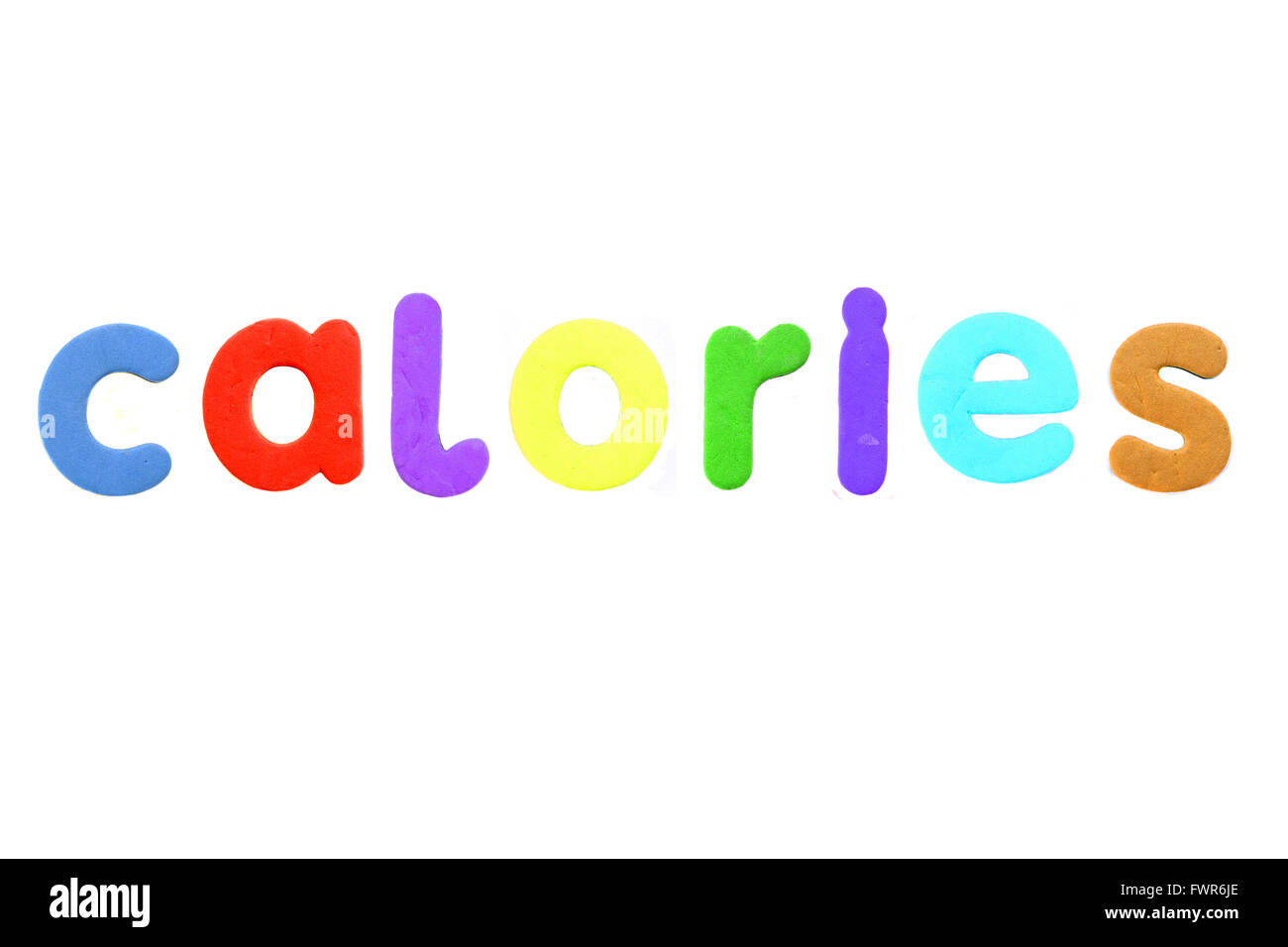 La palabra calorías creada a partir de los imanes de nevera alfabéticos contra un fondo blanco. Foto de stock